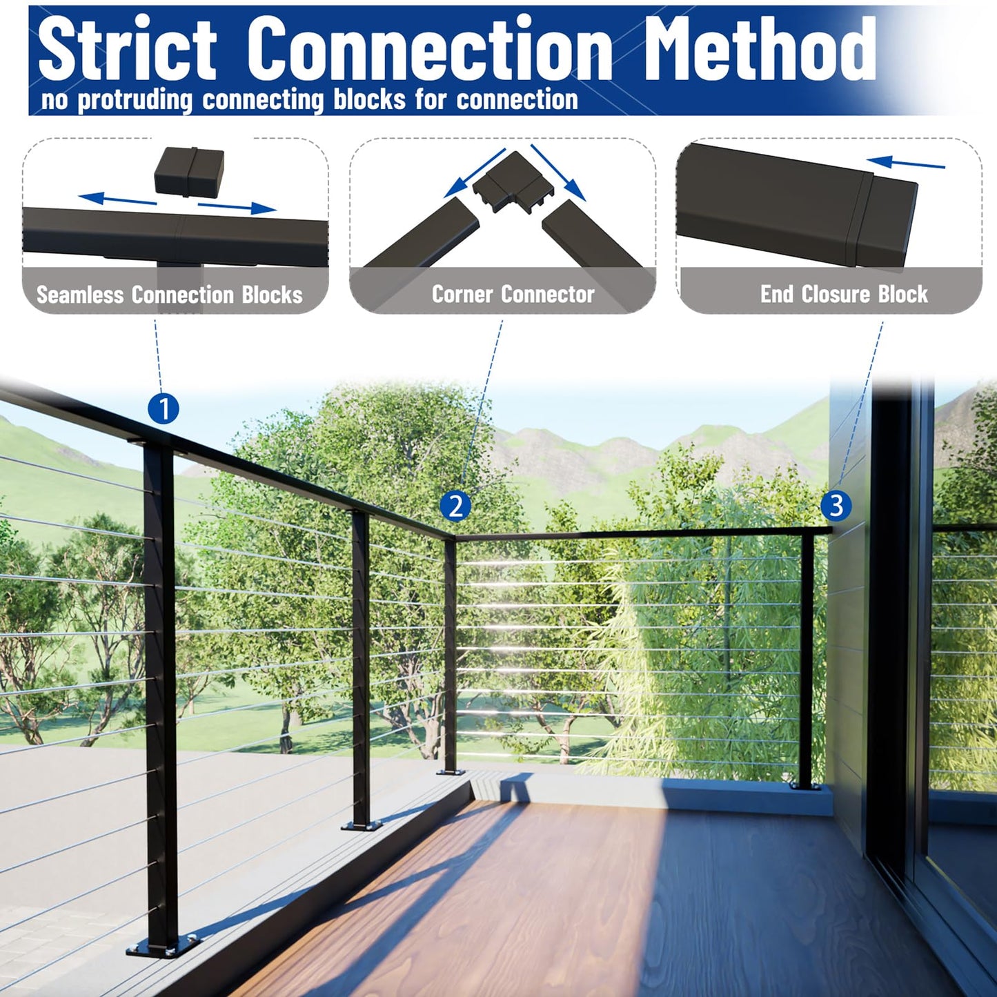 Dawn Railing 2 Pack 6'6" Black Rectangle Cable Railing Handrail 1"x2" Stainless Steel Handrail, Modern & Durable Flat Top Rail Black Powder Finishing Surface for Cable Railing System Kit Deck Stair