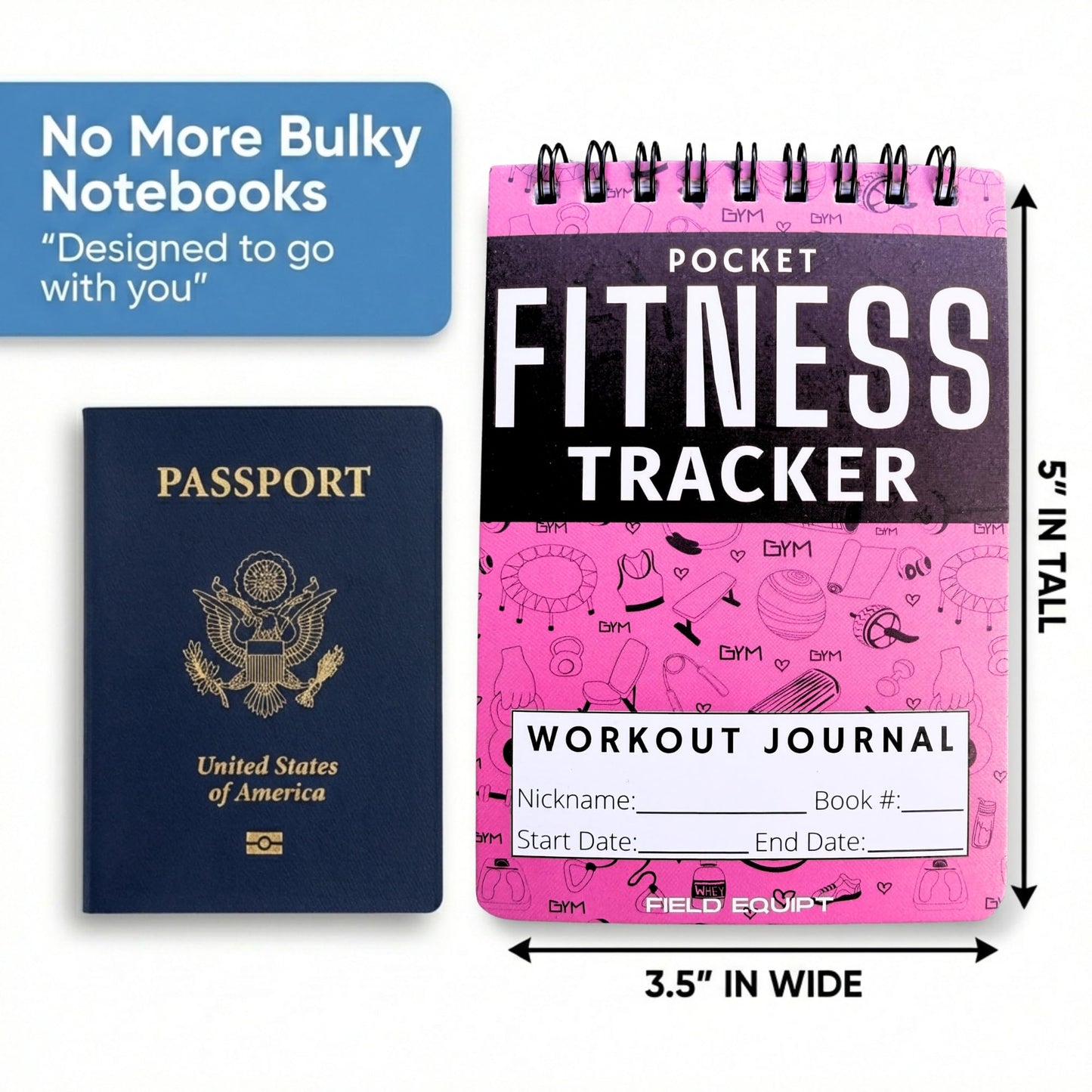 Field Equipt Gym Workout Journal & Fitness Tracker (4 Pack), Handheld Workout Log Book for Women & Men - Ideal for Weightlifting, Cardio, Athletes & Coaches On the Go (Pink)