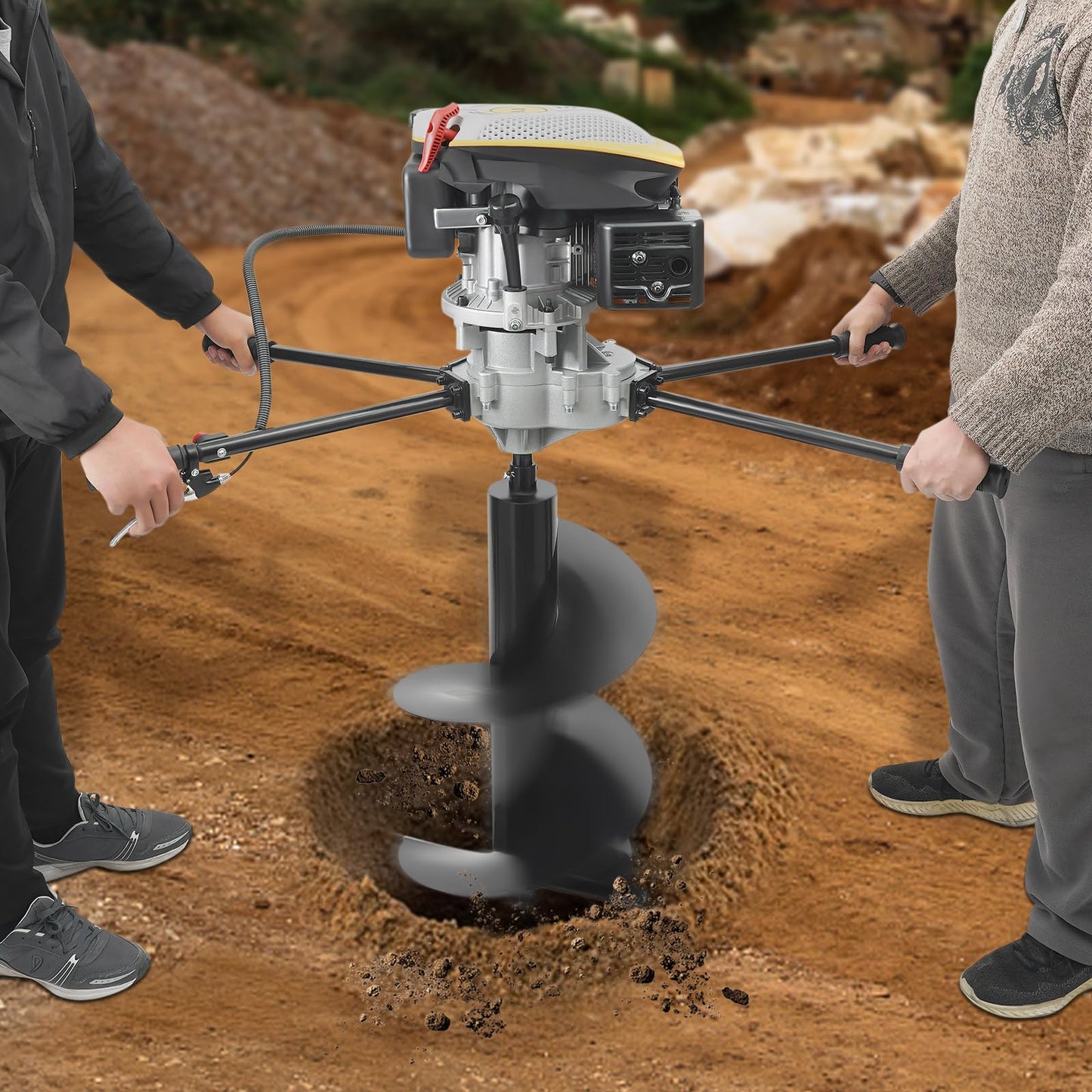 Liffshsy 4-Stroke Hole Digging Machine, 173cc 9HP Post Hole Digger Gas Powered Two Man Earth Auger Borer Fence Ground 16" Drill Bit, Heavy Duty Earth Digging Machine