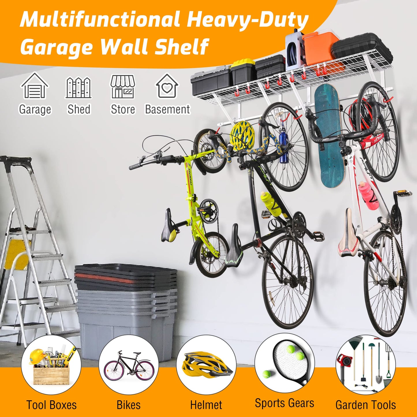 PLKOW Garage Wall Shelving 4-Pack Includes Bike Hooks, Sturdy Adjustable Garage Shelving Wall Mount Wall Organizer (Black, 4-Pack)