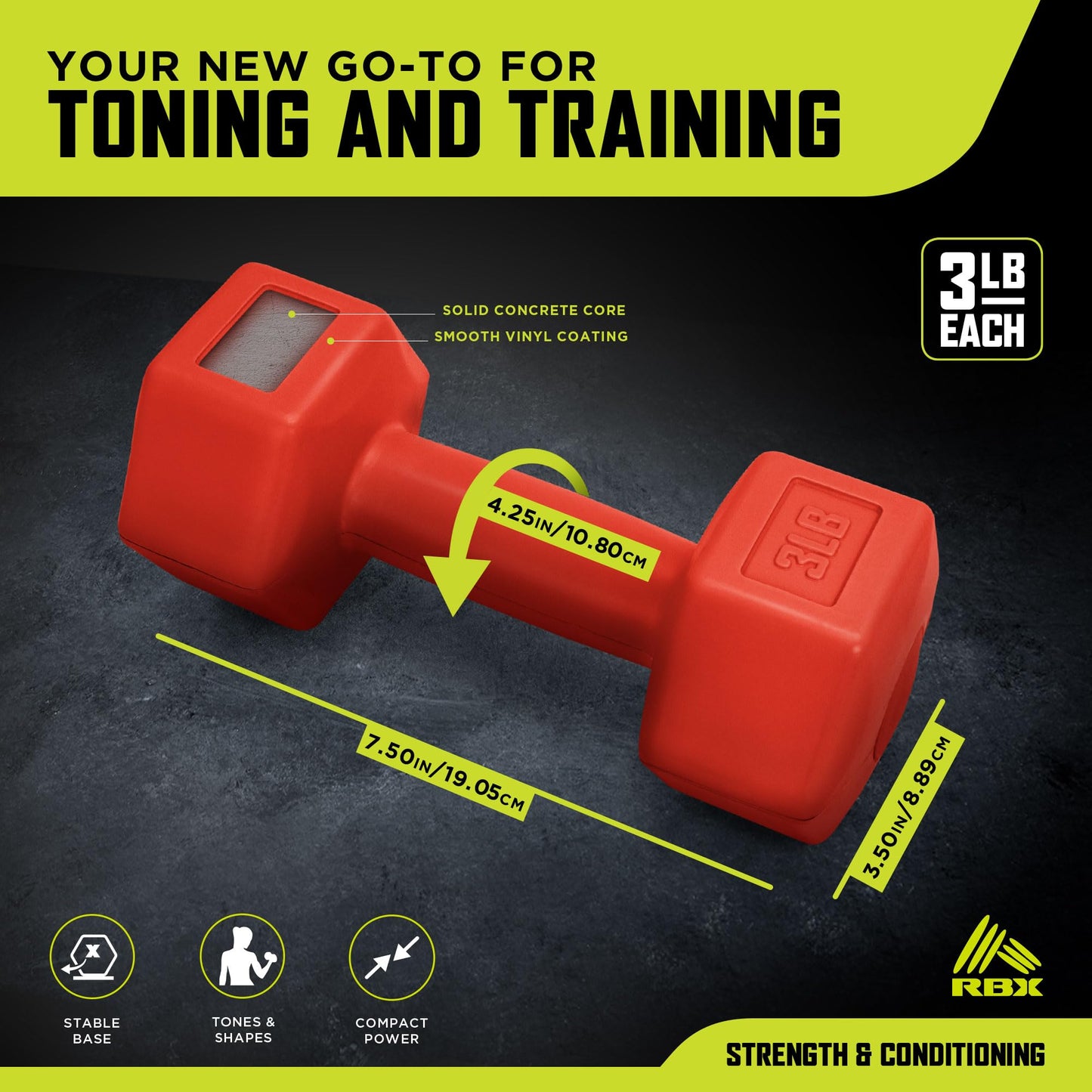 RBX 6LB Pair Hex Dumbbell Set, 3LB Each, Durable Weights with Easy-Grip Coating, Hex Design to Prevent Rolling, Compact and Portable Workout Set for Strength Training, Cardio, and Upper Body Workouts
