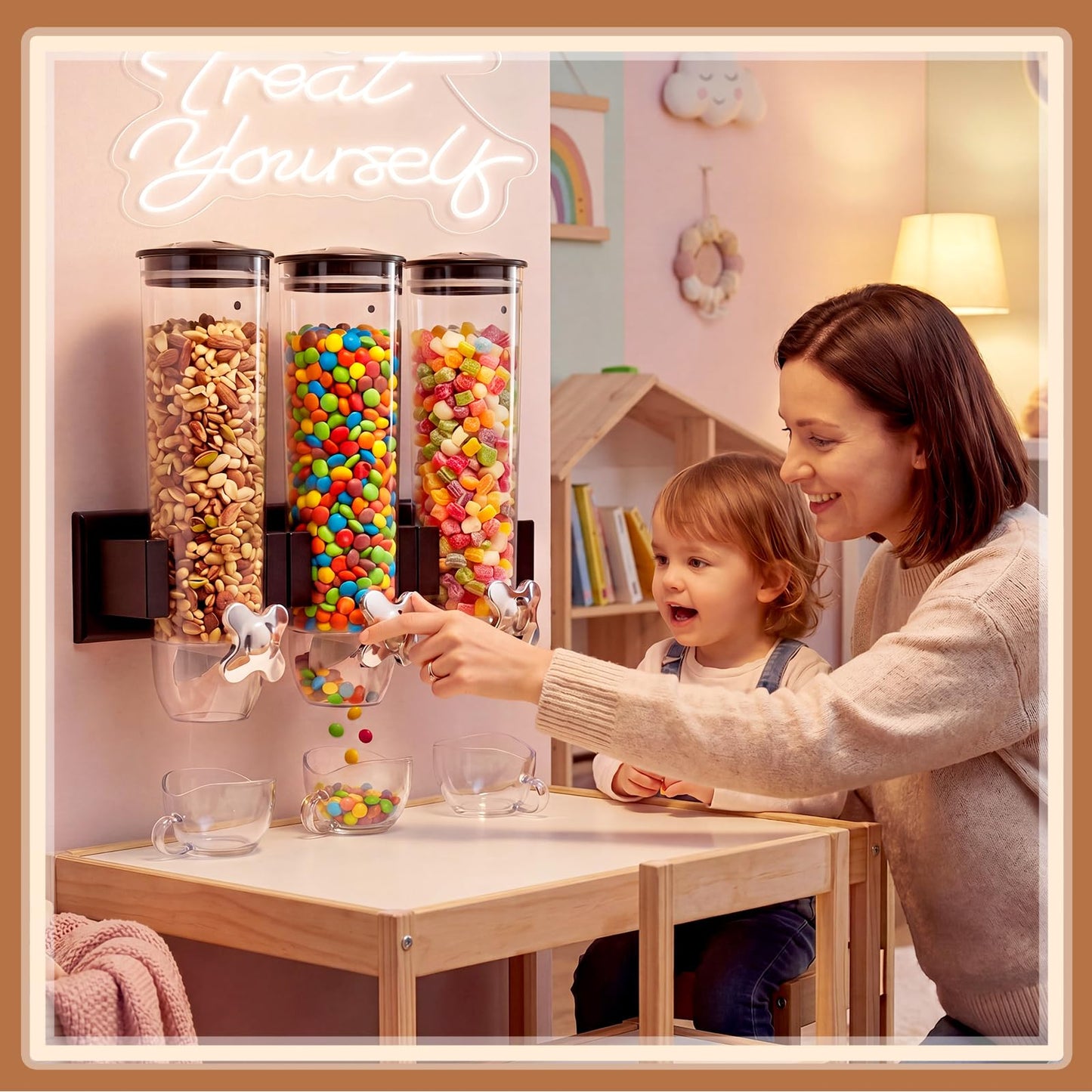 Lounsweer 9 Pcs Wall Mounted Cereal Dispenser with 1pcs Treat Yourself Neon Signs 13.5 L Candy Machine Grain Dispenser Neon Snack Sign Wall Mount for Home Kitchen Food Store Birthday Gift Party Decor