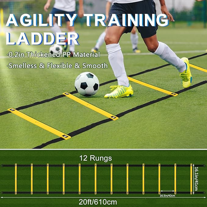 Fixed Rung Agility Ladder - 20ft 12 Rungs No Tangle Speed and Agility Training Equipment for Soccer Footwork Training with Carrying Bag/Ground Stakes for Adults Youth Kids