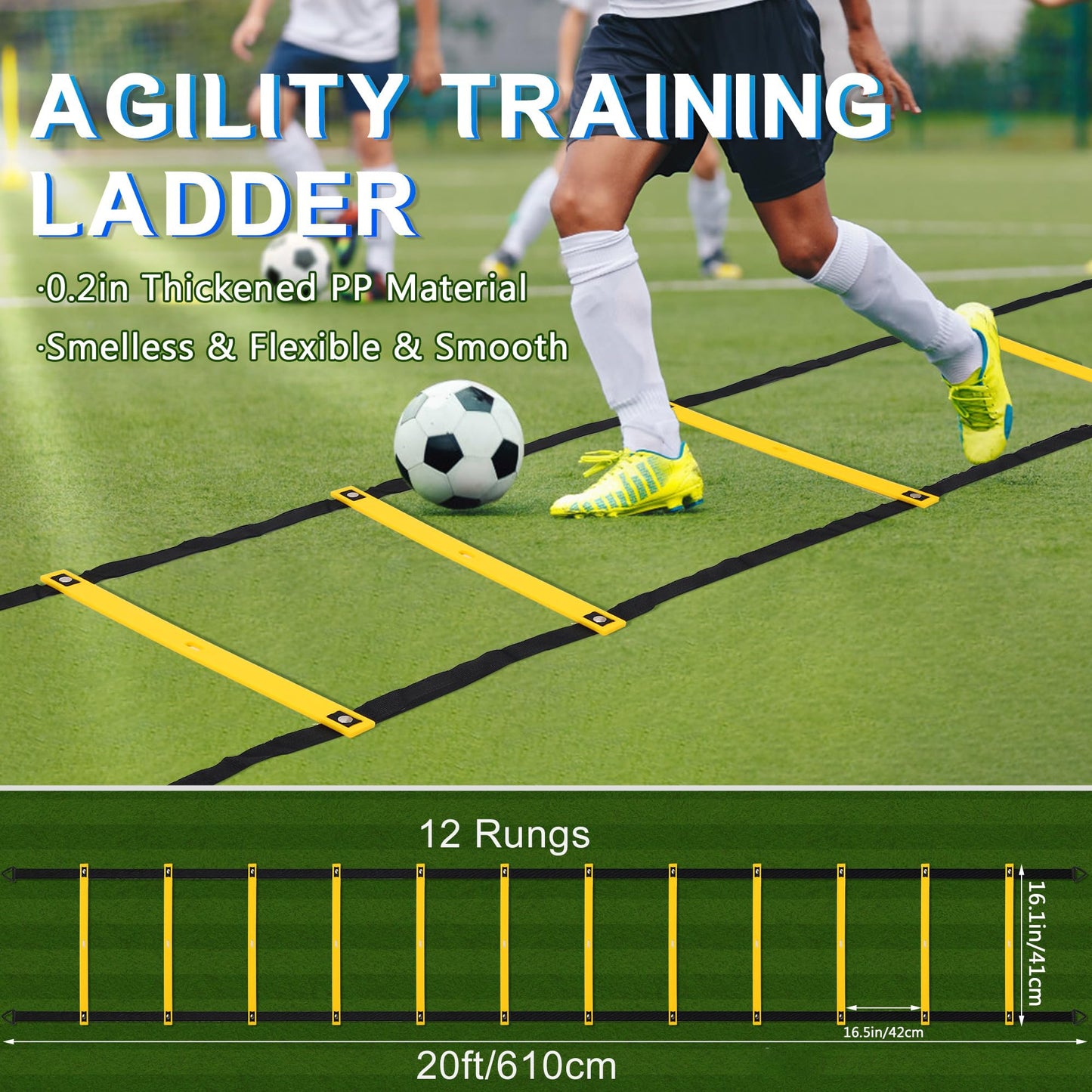Camkinger Fixed Rung Agility Ladder, 20ft, 12 Rungs No Tangle Speed and Agility-Training Equipment for Soccer Footwork Coaching Ladders with Carrying Bag, Ground Stakes for Adults, Youth Kids, Yellow