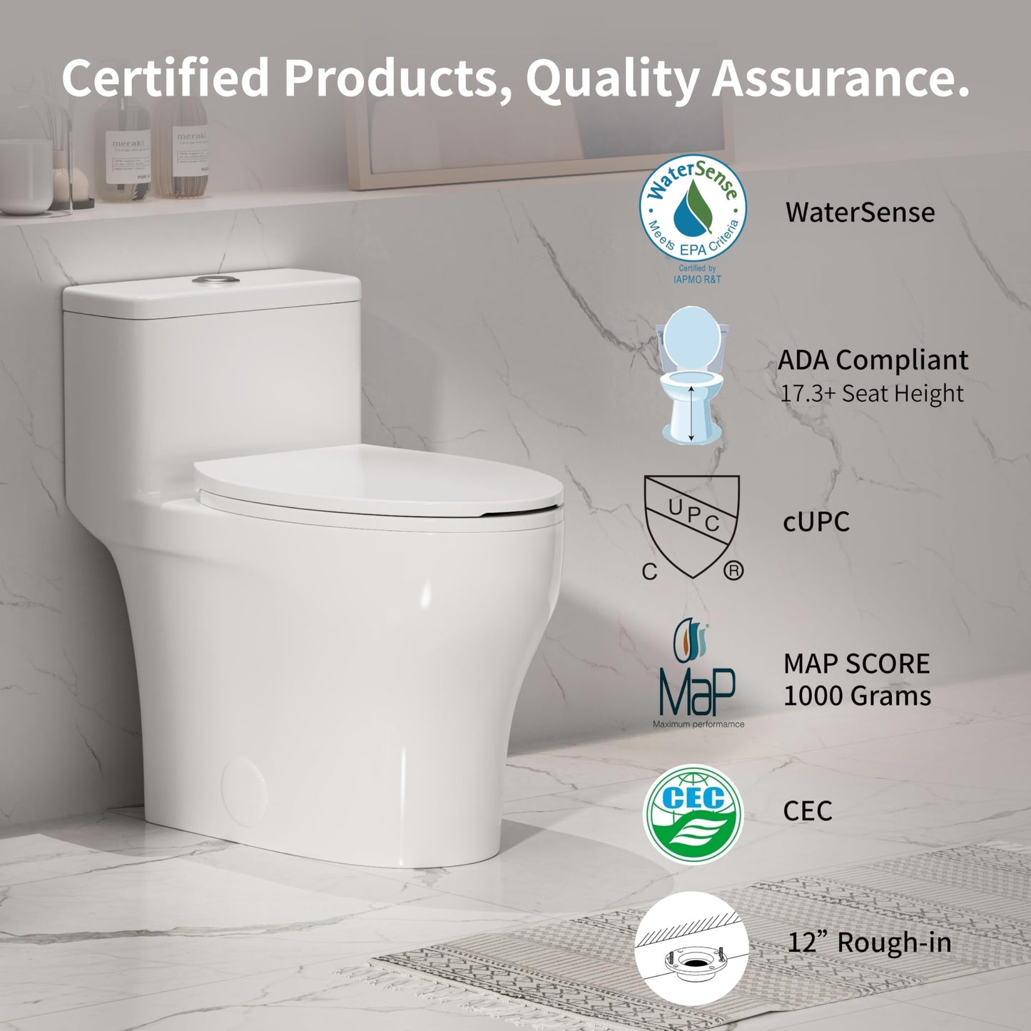 Elongated One Piece Toilet with Comfort Chair Seat ADA Height 17.33", Powerful Dual Flush 0.8/1.28 GPF Compact Toilet, MAP 1000g, Standard White Toilet Bowl, 12'' Rough-in
