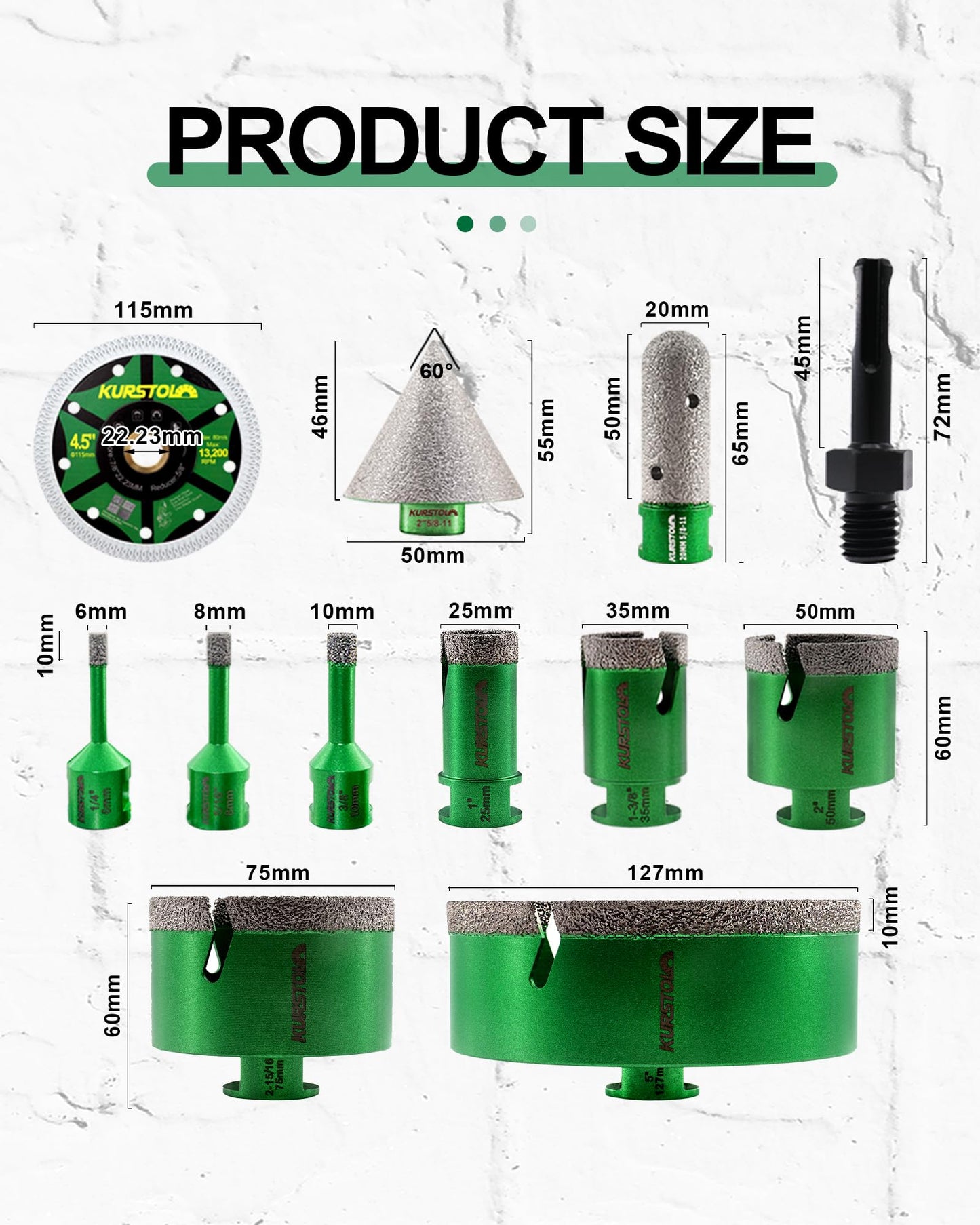 Tile Hole Saw Kit 12pcs - KURSTOL Diamond Core Drill Bits 6/8/10/25/35/50/75/127MM+4/5'' Finger Bit+2'' Chamfer Bit+4-1/2'' Saw Blade+SDS for Tile Porcelain Ceramic Granite Marble