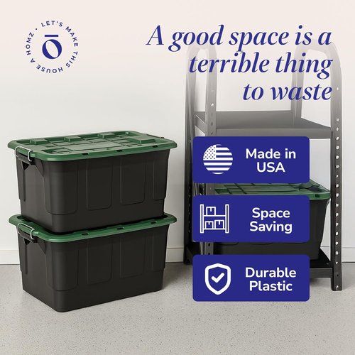 HOMZ 30-Gallon Plastic Stackable Storage Bins - Latching Lid & Handles for Home Organization | Black/Green 2-Pack