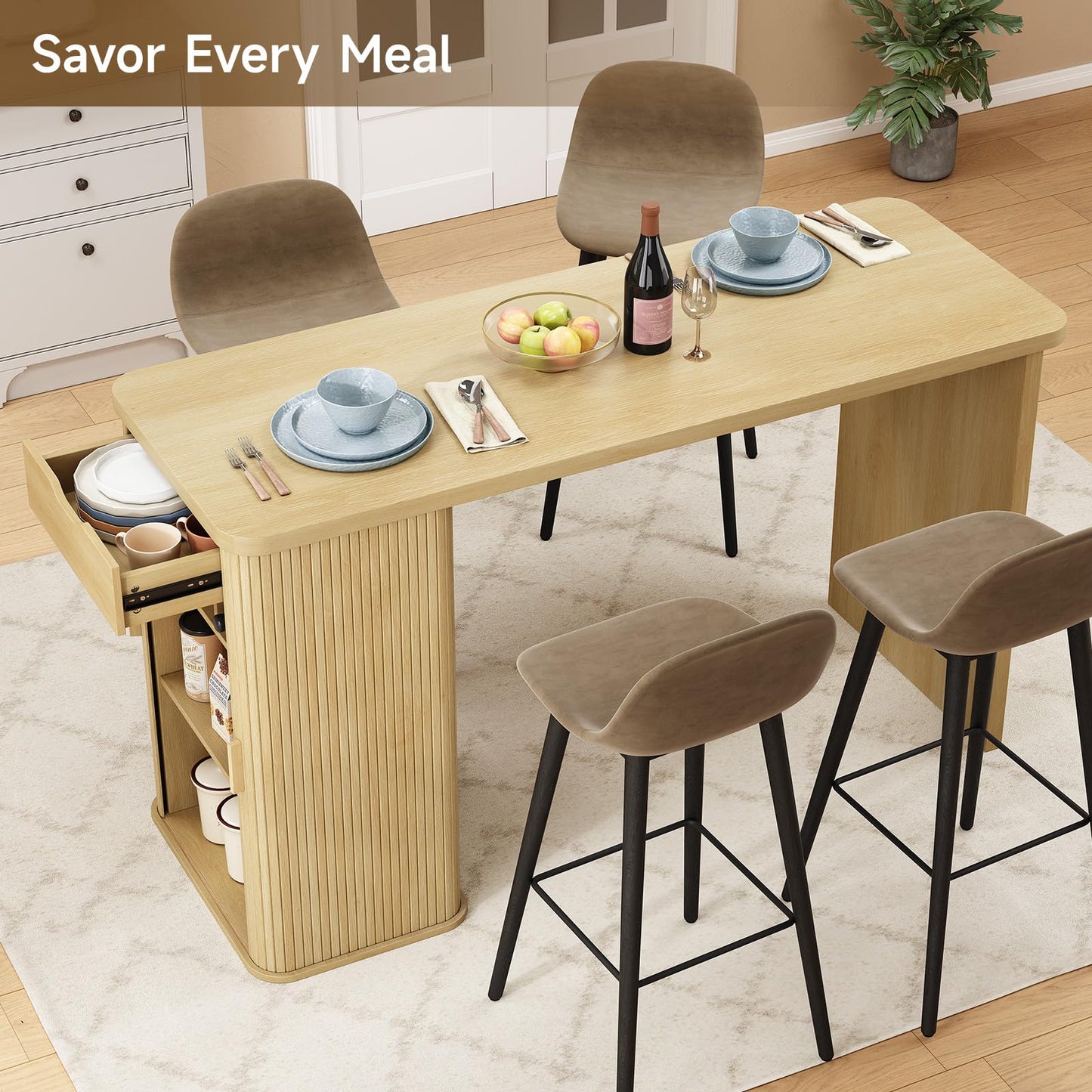 ONBRILL 59 Inch Kitchen Island with Storage, Fluted Counter Height Table, Mid-Century Modern Kitchen Island Table with Sliding Door, Home Bar Tables with Wine Rack and Drawers (Oak)
