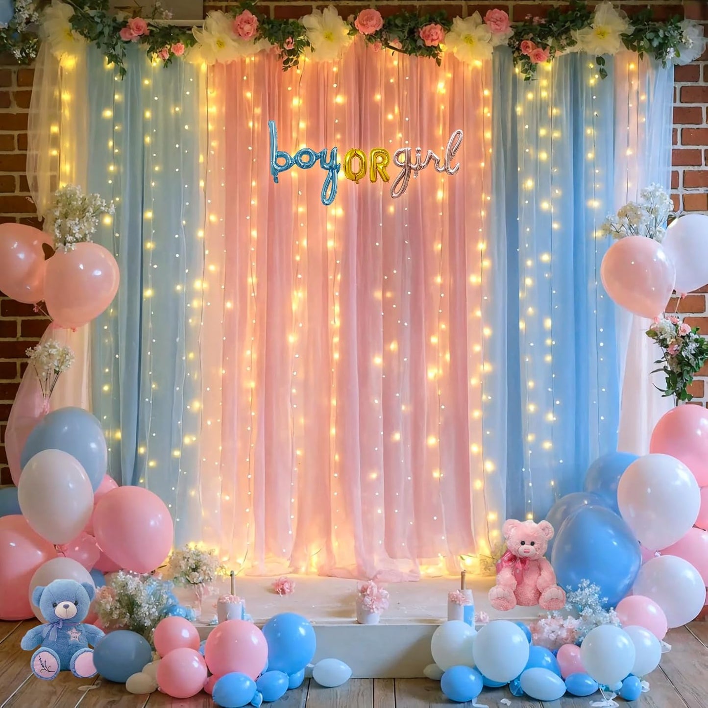 Suppromo 2 58ft Pink Blue Sheer Tulle Backdrop Curtains with Lights String for Gender Reveal Baby Shower Decorations