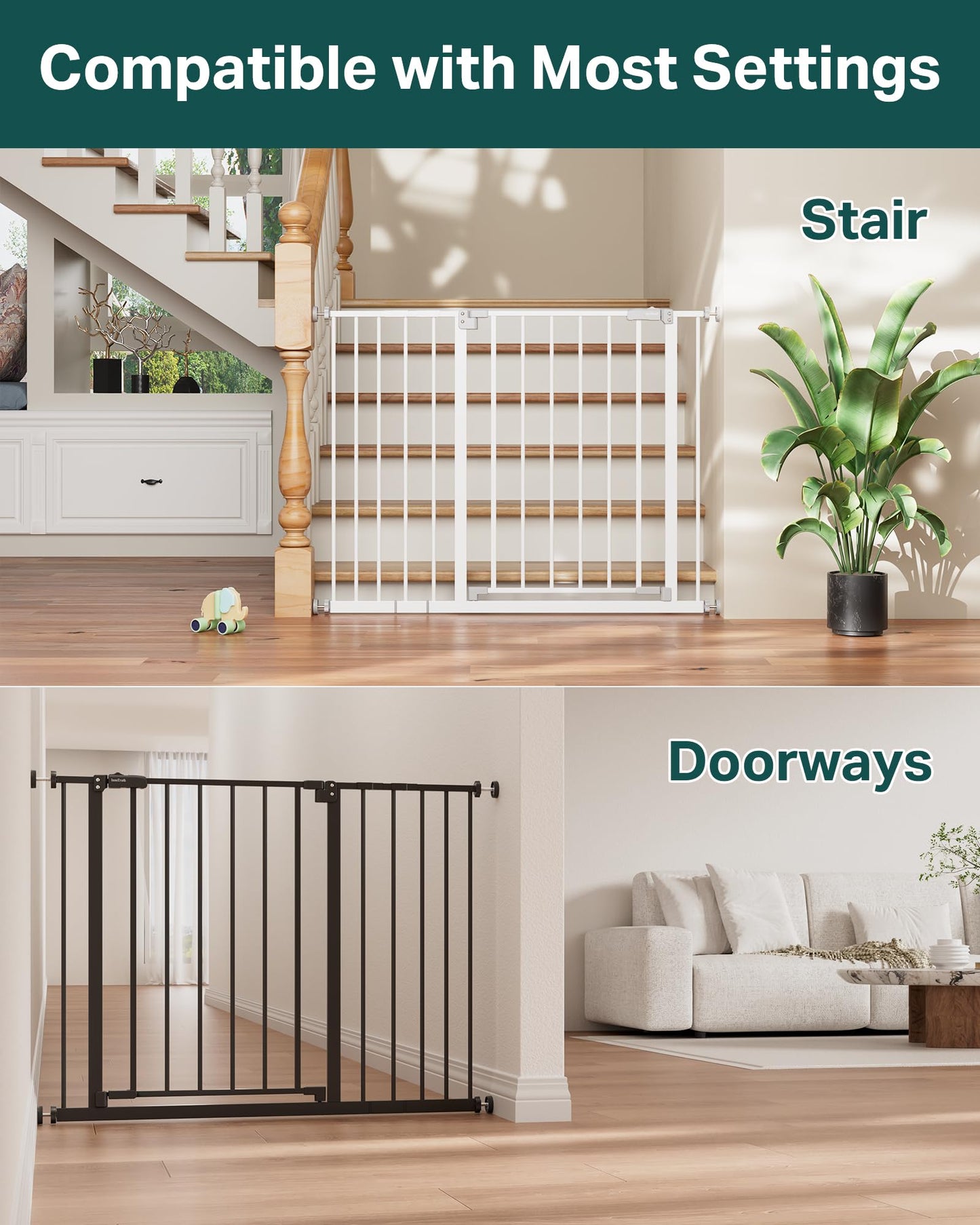 InnoTruth 29.5–40.75" Baby Gate for Stairs, 30" Tall Dog Gates for Doorways & Hallways, Safety Gate for Kids & Pets, Pressure-Mounted Walk-Through with Dual Lock & 2-Way Swing, White