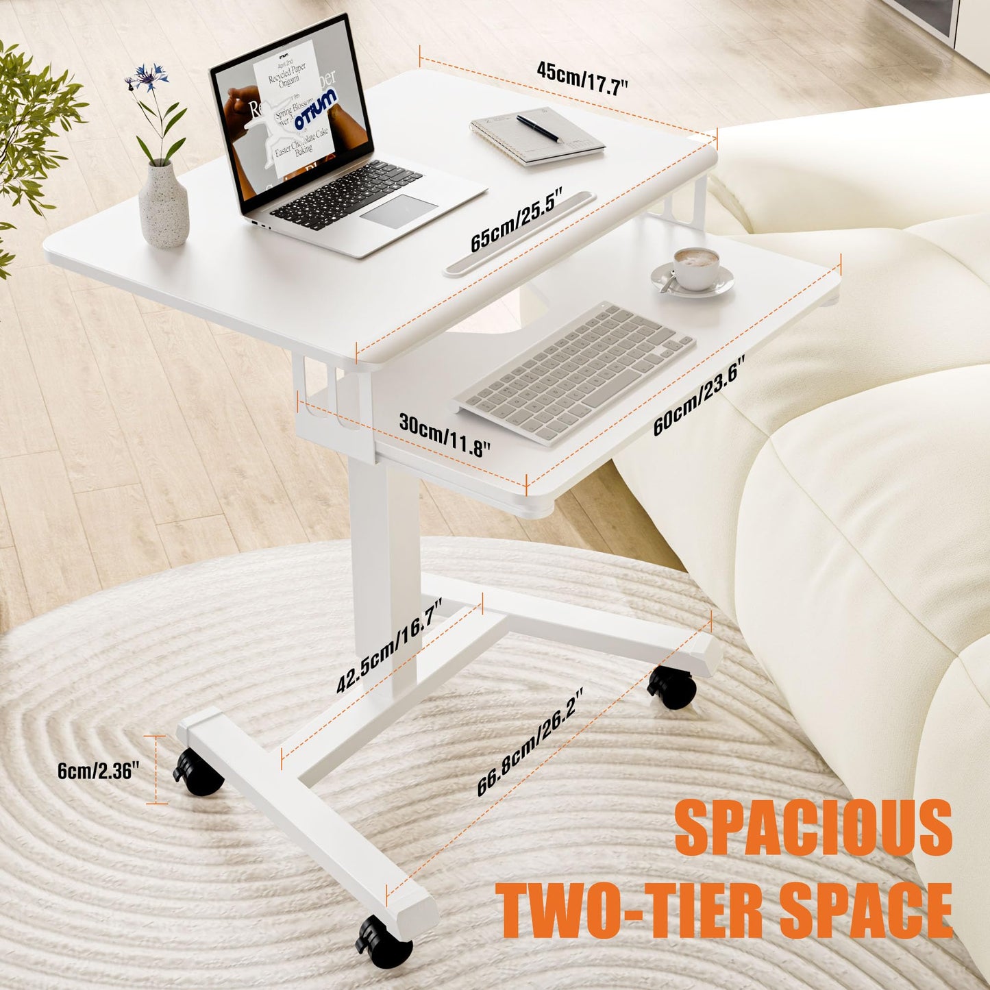 ERGOMAKER Mobile Standing Desk with Keyboard Tray, Gas Spring Rolling Desk with Lockable Wheels, Portable Laptop Desk, Adjustable Height Stand Up Desk, Computer Workstation Home Office, White