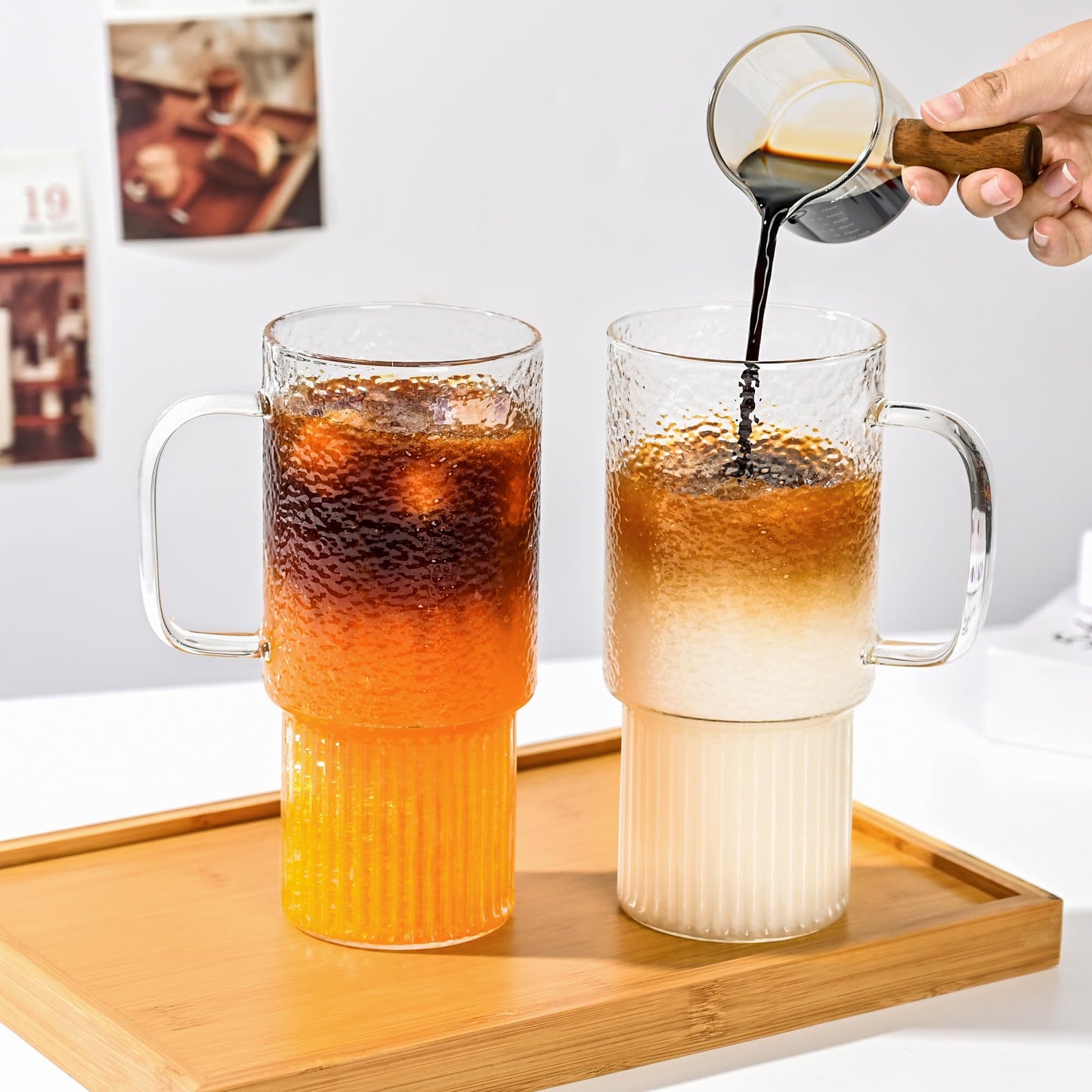 Oroklis 32oz Ribbed Glass Cup with Handle Lid and Straw, Borosilicate Glass Tumblers, Iced Coffee Cups Modern Glass Mug Hot/Cold Drinks for Smoothies, Tea, and Juice (clear-1 Pack-Bamboo Lid)