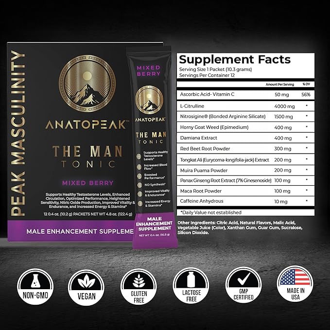 Male Enhancing Supplement Powder ??Testosterone Supplement for Men with Tongkat Ali, Maca Root, Horny Goat Weed Powder, Beet Root & L-Citrulline ??Nitric Oxide Booster (1 Stick Pack) - Berry