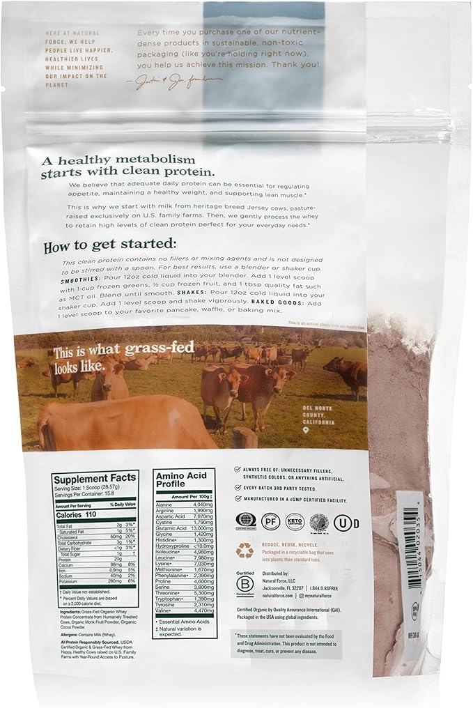 Natural Force Whey Protein Powder ??Chocolate ??Grass Fed Organic, Pure, Keto & Paleo Friendly, Low Carb, Kosher, Non GMO ??1 Pound