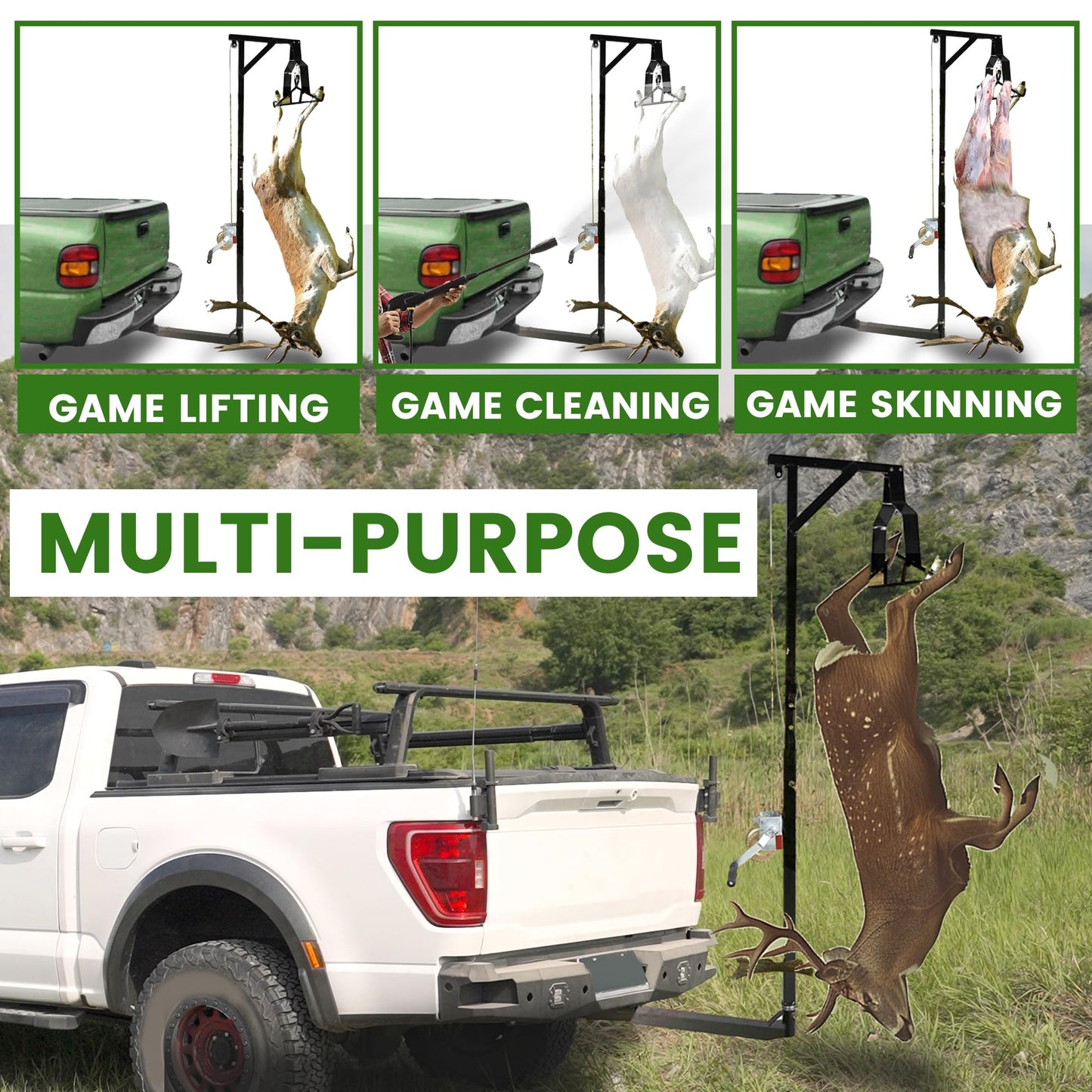 ECOTRIC Truck 2" Hitch Game Hunting Hoist, 600LB Big Game Hunting Deer Hoist, Include Gambrels Winch for Skinning or Cleaning Game, Winch Lift Gambrel Set 360 Degree Swivel Hitch Mounted