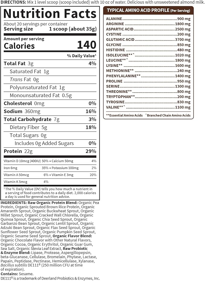 Garden of Life Protein Powder, Vegan Protein Powder, BCAA, Probiotics & Digestive Enzymes, Gluten & Lactose Free, Chocolate, 1.5 LB