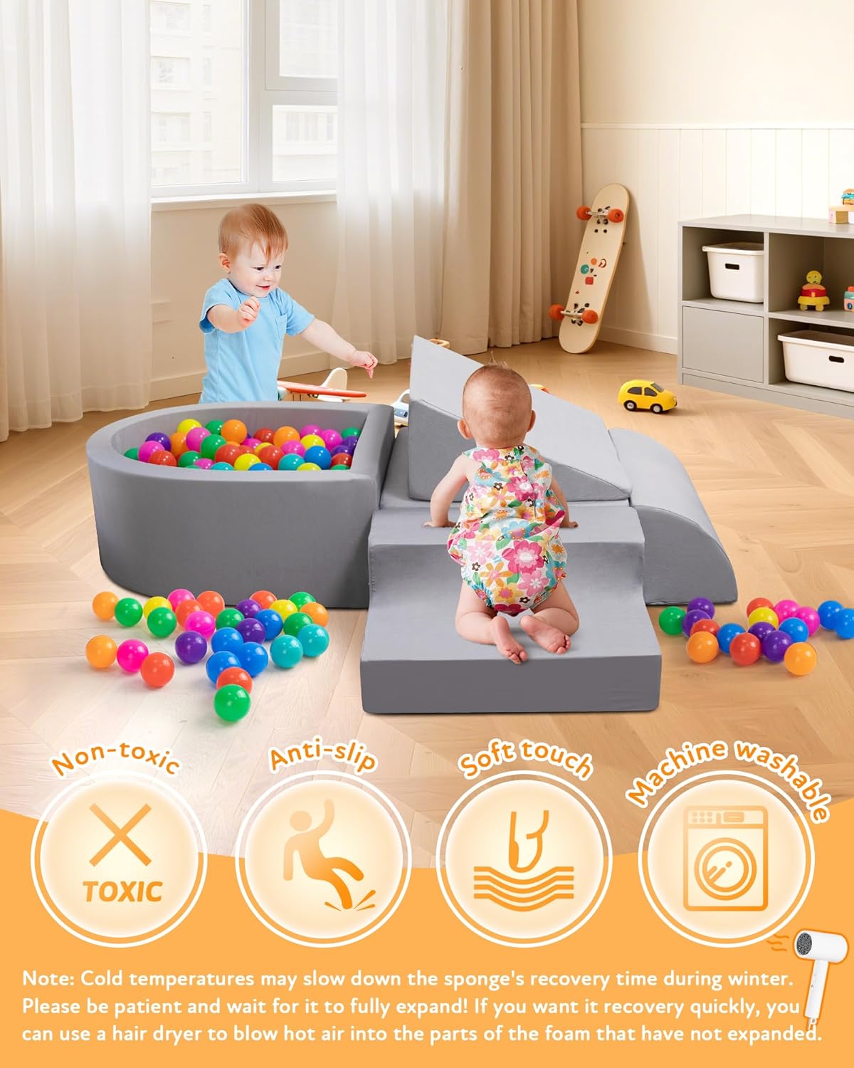 Skiennix Baby Climbing Blocks - Soft Play Set for Crawling Infants 6-12 Months | Anti-Slip Foam Gym (Grey)