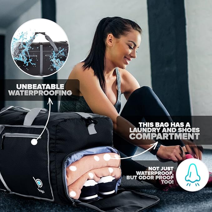 Bago Large Foldable Duffel Bags for Traveling Women & Men - 80L Packable Duffle Bag for Travel with Shoe Compartment - Water Repellant, Heavy Duty, Lightweight Folding & Collapsible (Black)