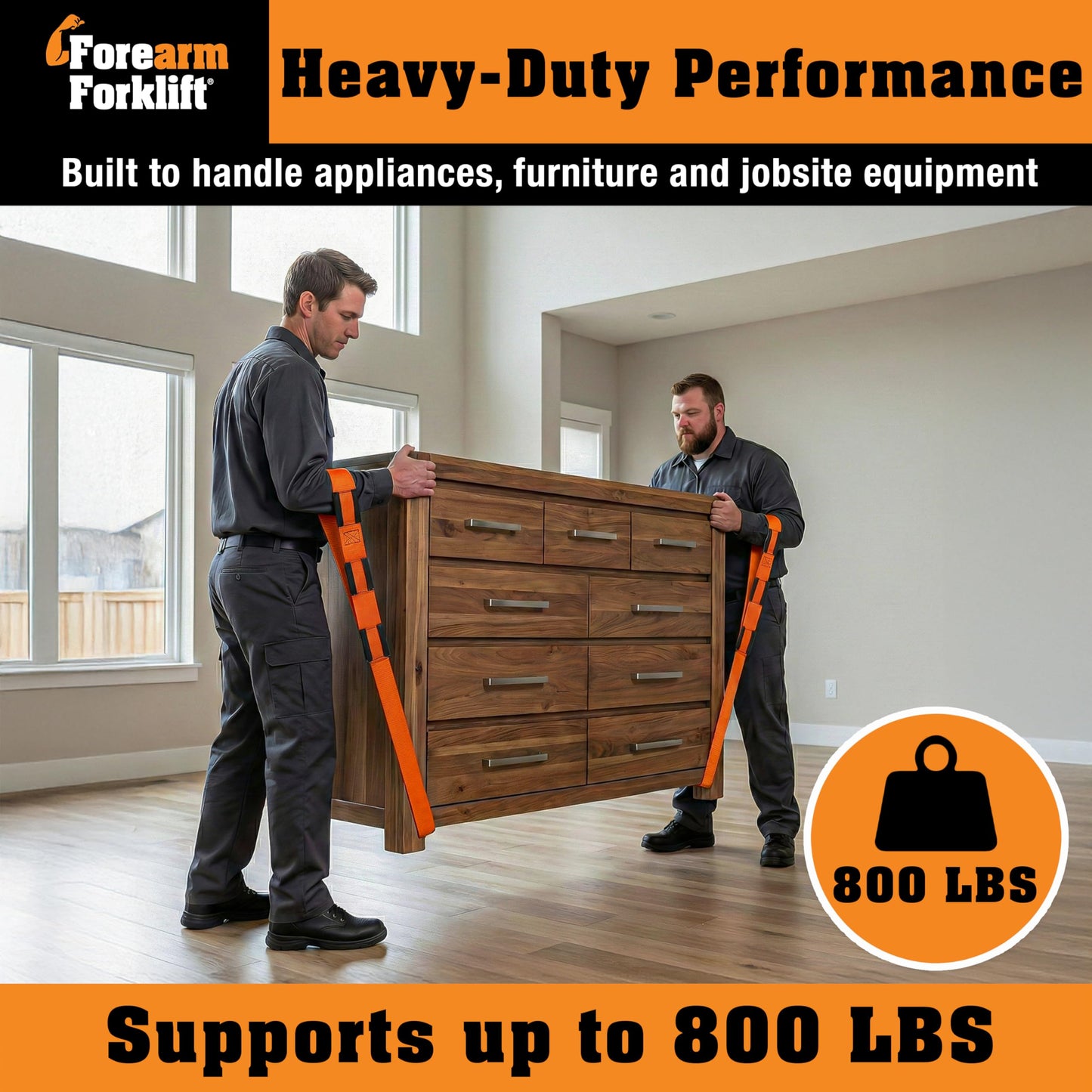 Forearm Forklift Furniture Moving Straps – 2-Person Lifting Strap for Moving Furniture, Appliances, Heavy Duty Carrying for Heavy Objects up to 800 lbs, Orange