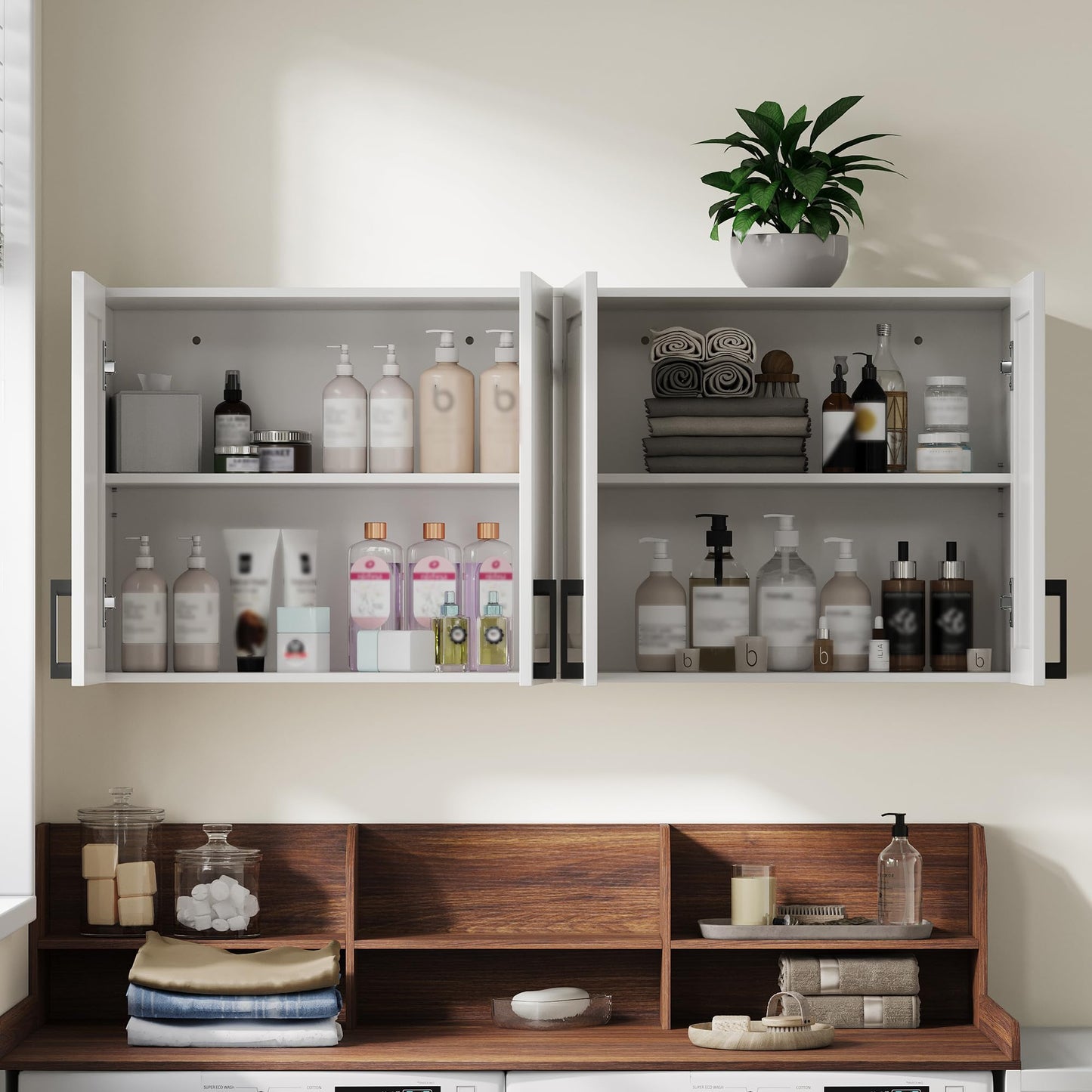 ChooChoo Laundry Room Cabinets, 4 Doors Wall Mounted Storage Cabinet, Kitchen Wall Storage, Bathroom Wall Cabinet, White