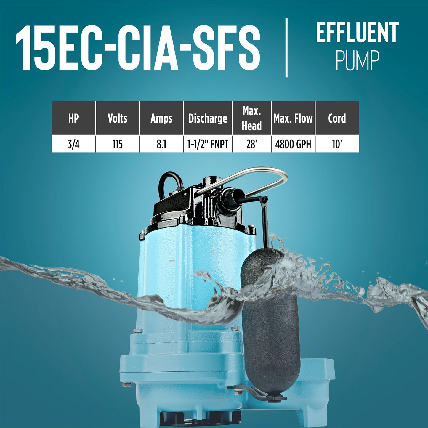 Little Giant 15EC-CIA-SFS 115 Volt, 3/4 HP, 4800 GPH Effluent/Sump Pump with Integral Snap-Action Float Switch, 10-Ft. Cord, Blue, 14942784