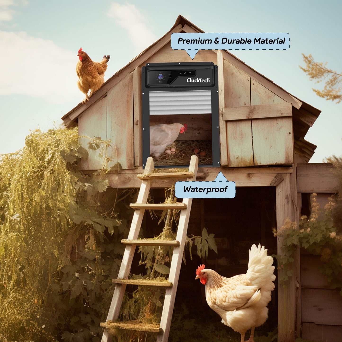 Automatic Chicken Coop Door with 1080p Camera - Solar Powered - 5000mAh Battery - App Remote Control and Opener with Timer - Auto Open/Close - Heavy Duty - Night Vision - Alarm Drive