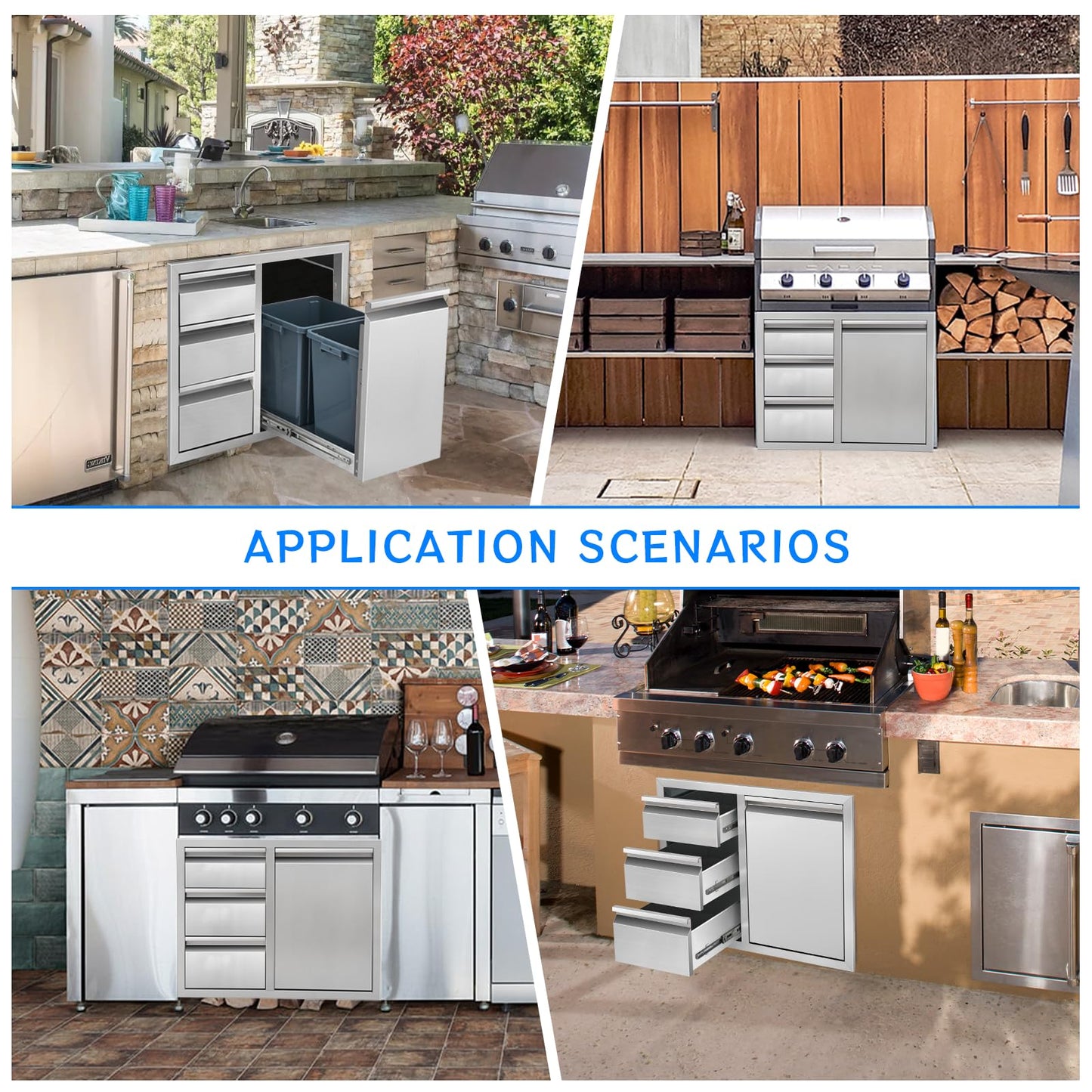 Duluciate Outdoor Kitchen Drawer Combo, Stainless Steel Triple Drawer Cabinet with Built-in Trash Bin Drawer & Two Trash Cans, 28" W x 22" H x 19.5" D Outdoor Kitchen Storage for BBQ Grill Islands
