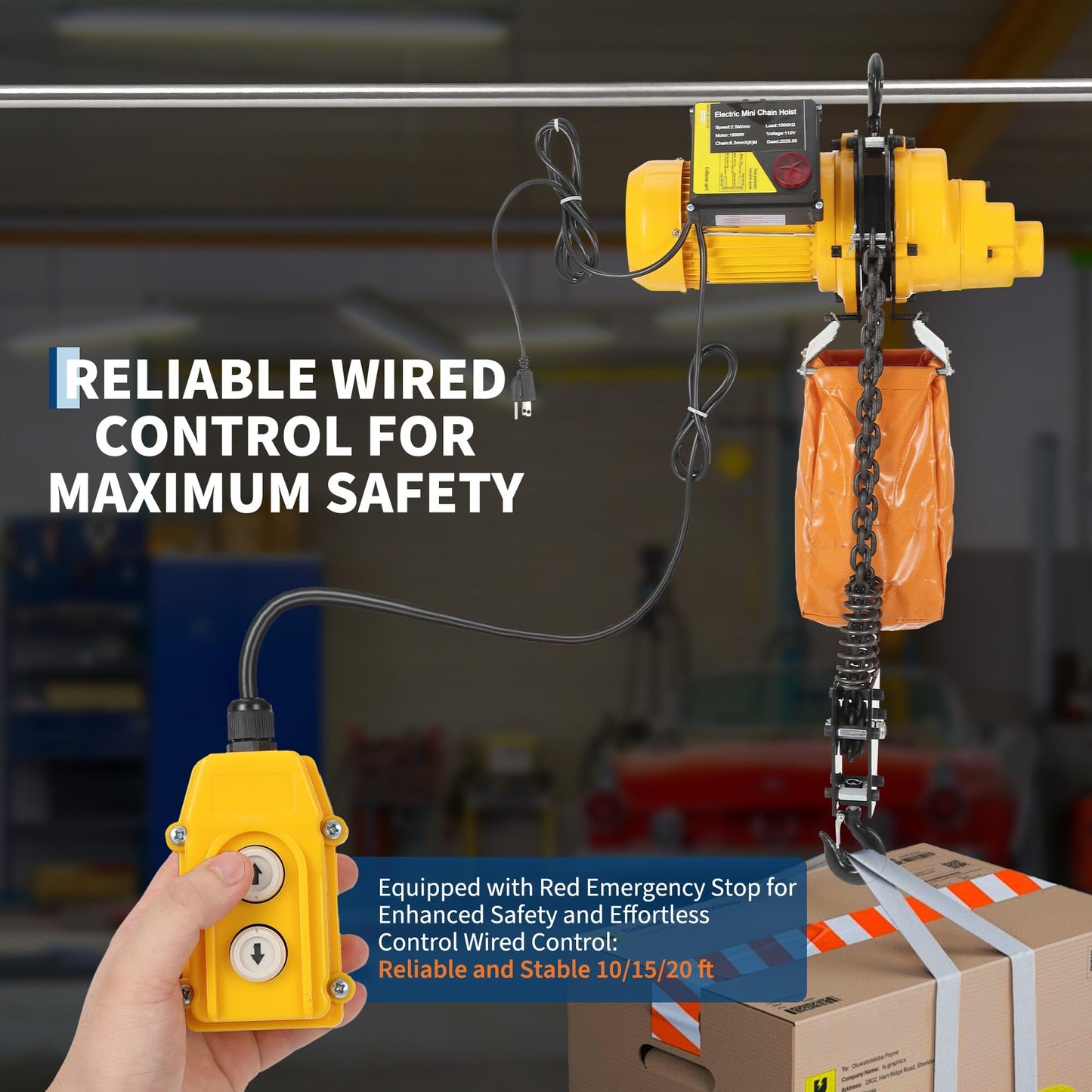 Electric Chain Hoist, 2200 lbs/1 ton Capacity, 10 ft Lifting Height, 10 ft/min Speed, 120V, Single Phase Overhead Crane with G100 Chain, 10 ft Wired Remote Control for Garage, Shop, Hotel, Home