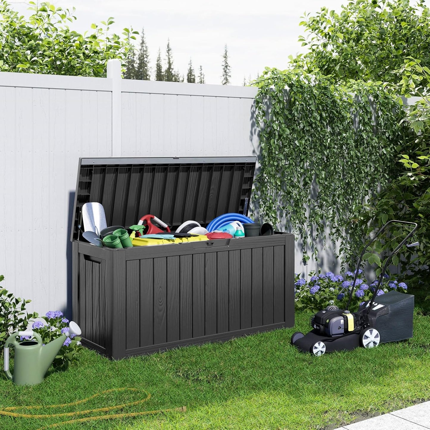 PatioZen 90 Gallon Resin Deck Box - Lockable Outdoor Storage for Furniture & Garden Tools | Waterproof - Black
