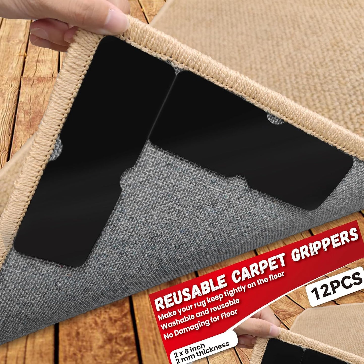 Skiennix Non-Slip Rug Grippers - Reusable Carpet Tape for Hardwood Floors | 12 Durable Pads
