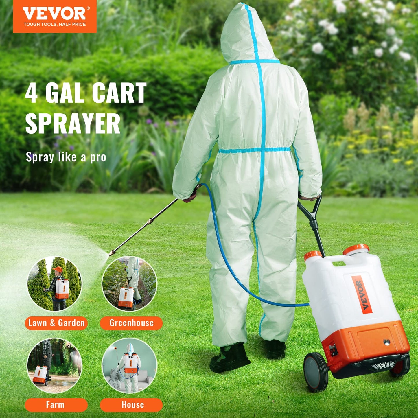 VEVOR 4 Gallon Battery Powered Backpack Sprayer with Wheeled Cart, Adjustable 0-94 PSI, 13FT Hose, 6 Nozzles, 2 Wands Included, Wide Mouth Lid for Weeding, Cleaning, Long Spray Time Without Fatigue