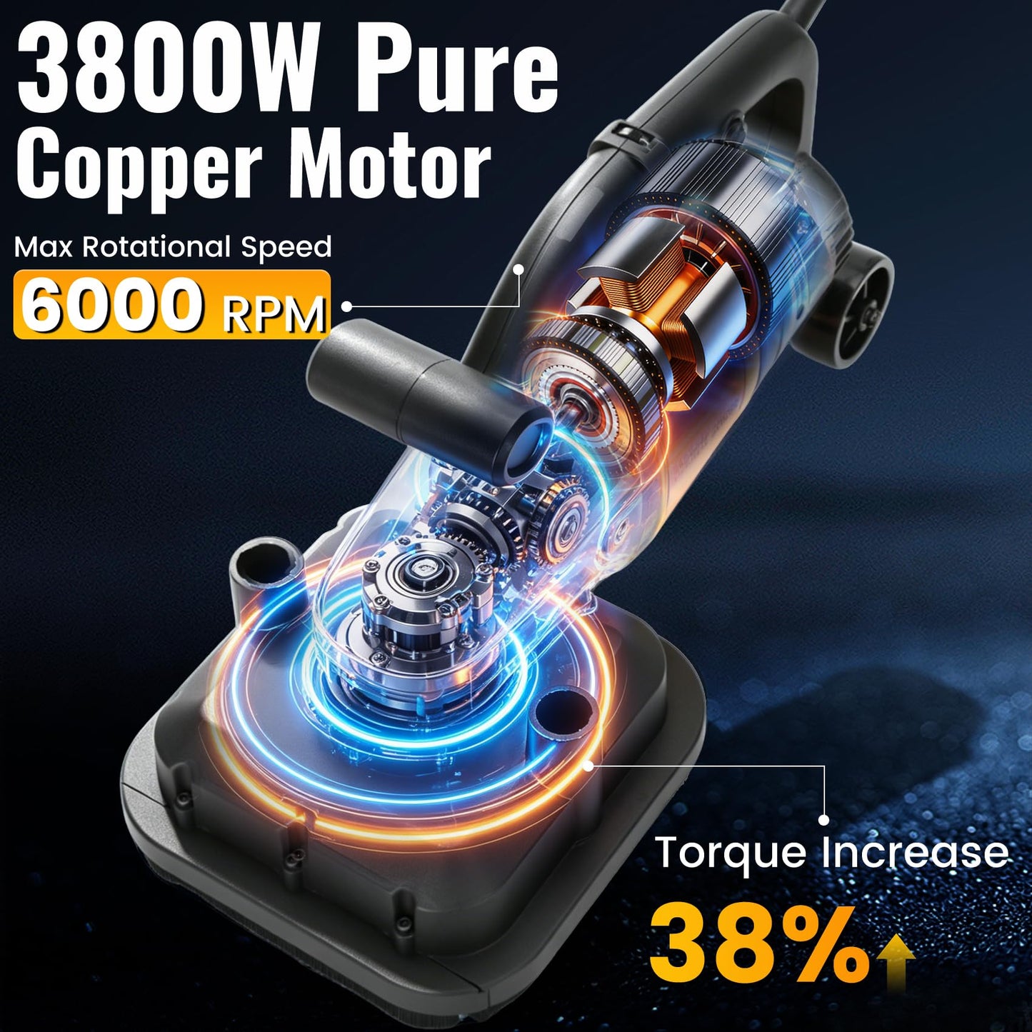 4-Head 3800W Concrete Floor Grinder with Extendable Rod, 6000 RPM 4” Concrete Sander with 6-Speed Control & Dust Collection Cover for Cement Marble Floors Granite & Surfaces