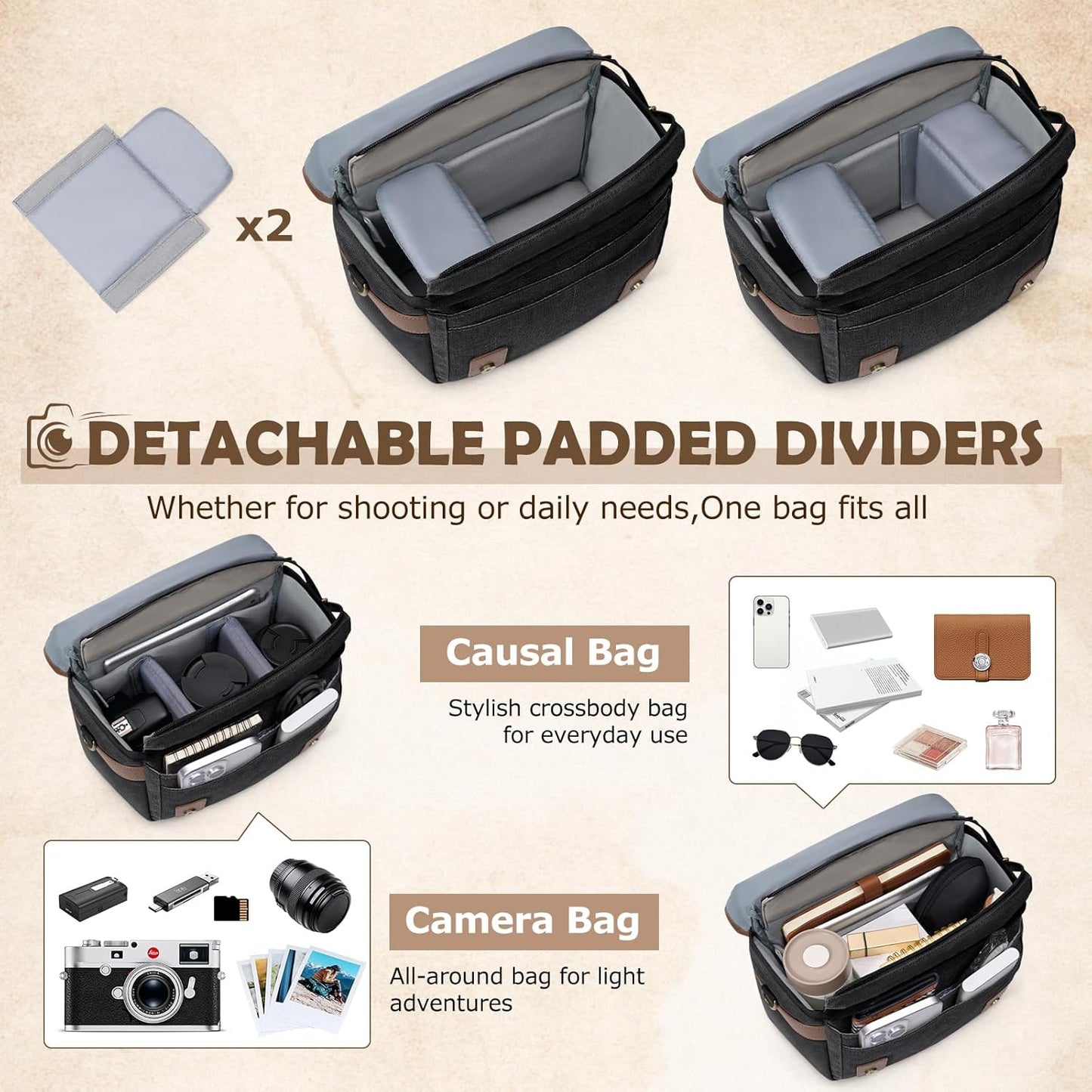 RAINSMORE Canvas Camera Bag, DSLR/SLR/Mirrorless Small Camera Sling Bags Cross-body Camera Case, Compact Shoulder Bag