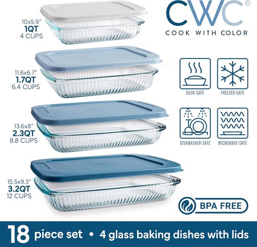 Cook With Color 8-Piece Deep Glass Baking Dish Set - Versatile Casserole & Food Storage Containers | Fluted Blue, Freezer-to-Oven Safe