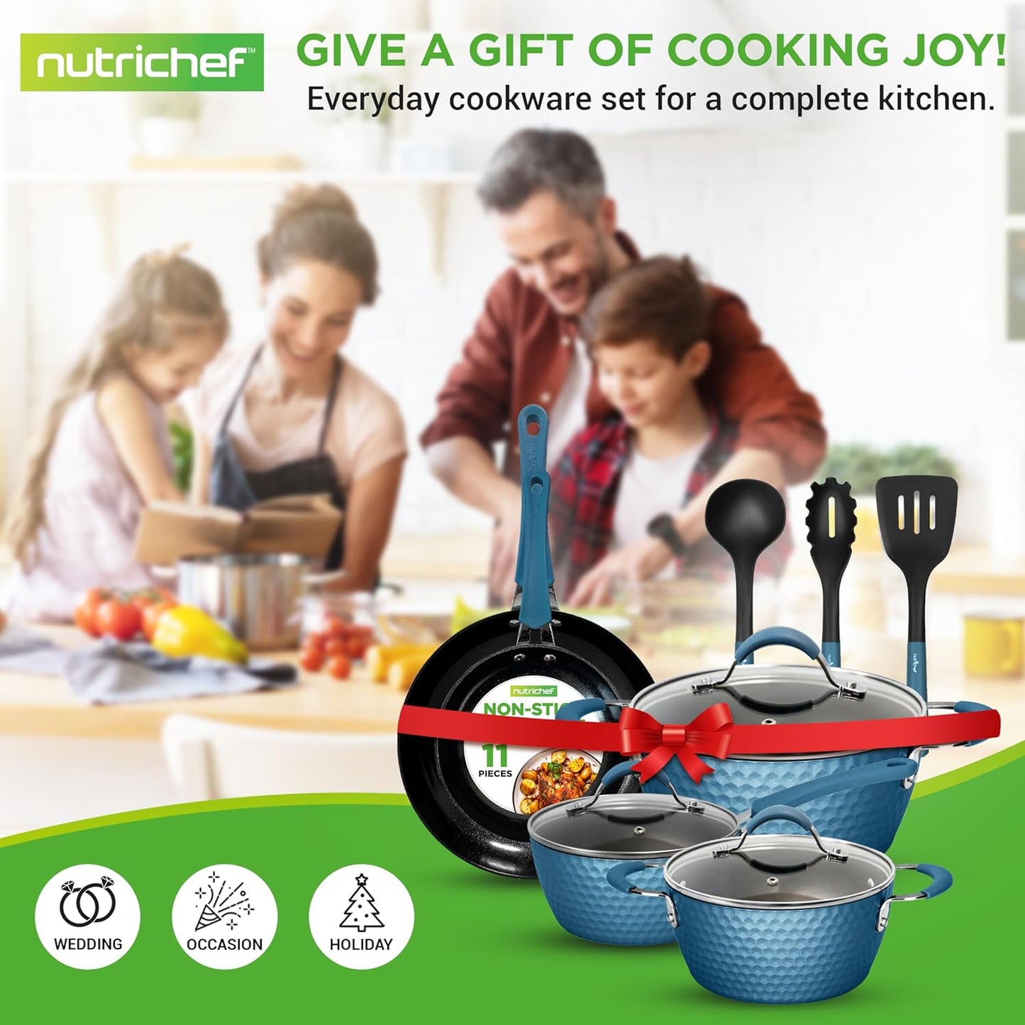 NutriChef 11-Piece Non-Stick Cookware Set | Ceramic Coating, Ergonomic Handles, Induction Ready - Royal Blue