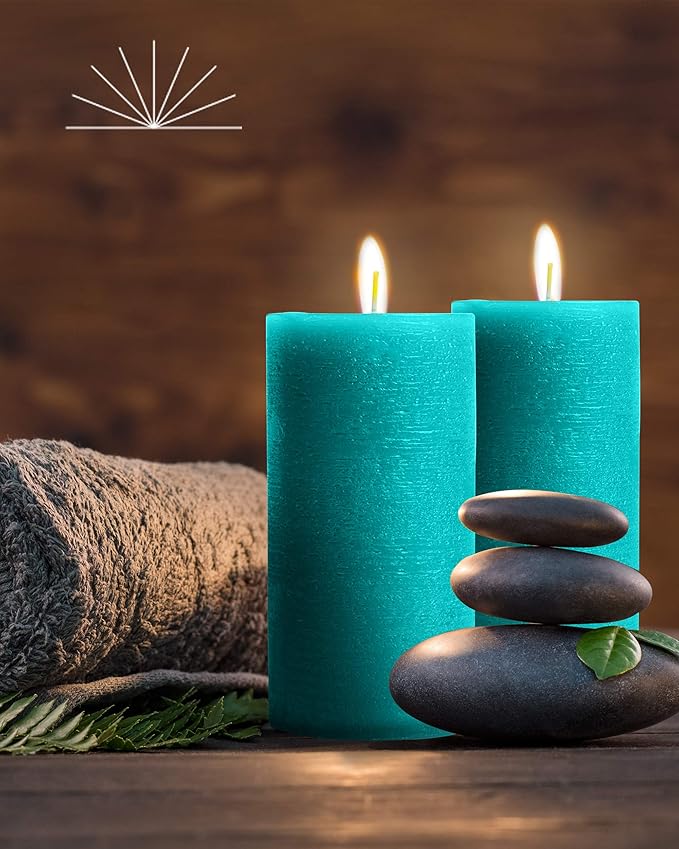 Mottled Pillar Candles by Bask - Set of 6-3" x 6" Dripless Unscented Candles in Turquoise for Home Decor, Relaxation & All Occasions