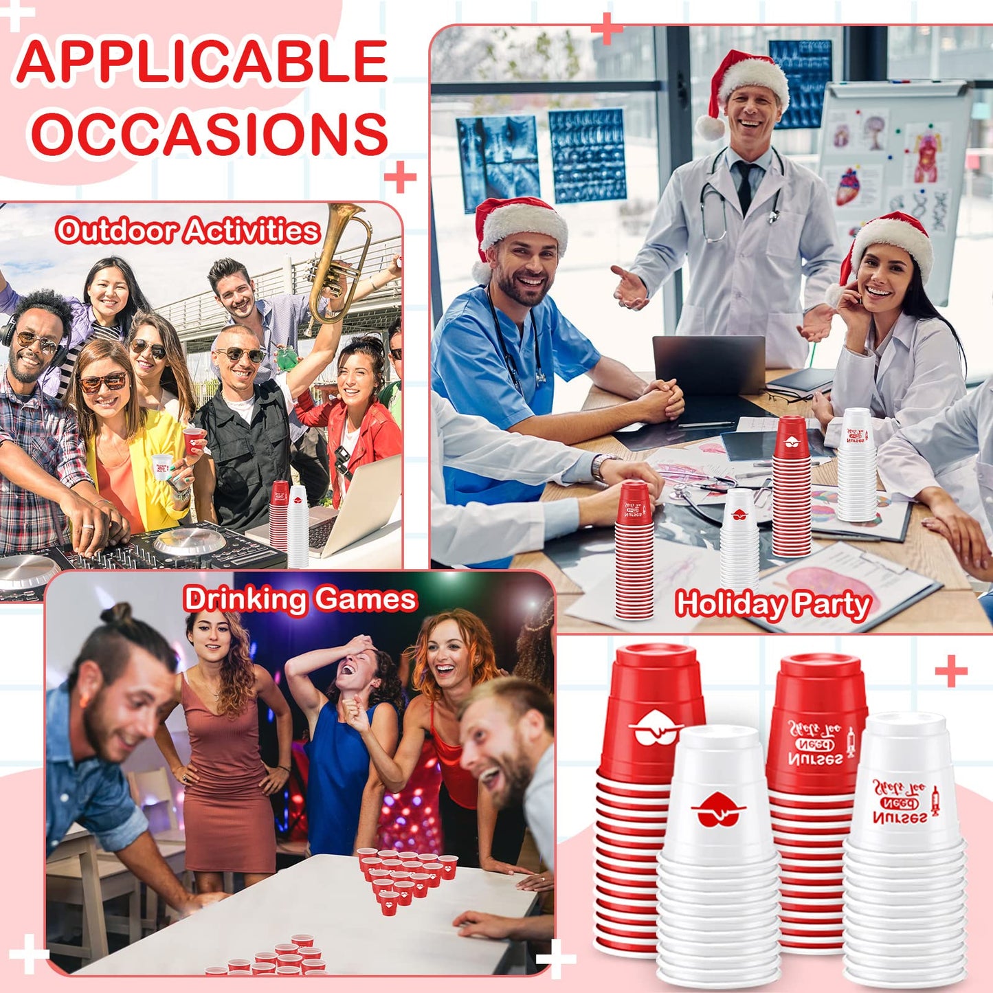 Lounsweer 100 Pcs Nurses Need Shots Too Mini Plastic Shot Glasses Nurse's Day 2 oz Small Plastic Cups Disposable Shot Cups for Nurse Birthday School Graduation Party Favors, Red, White