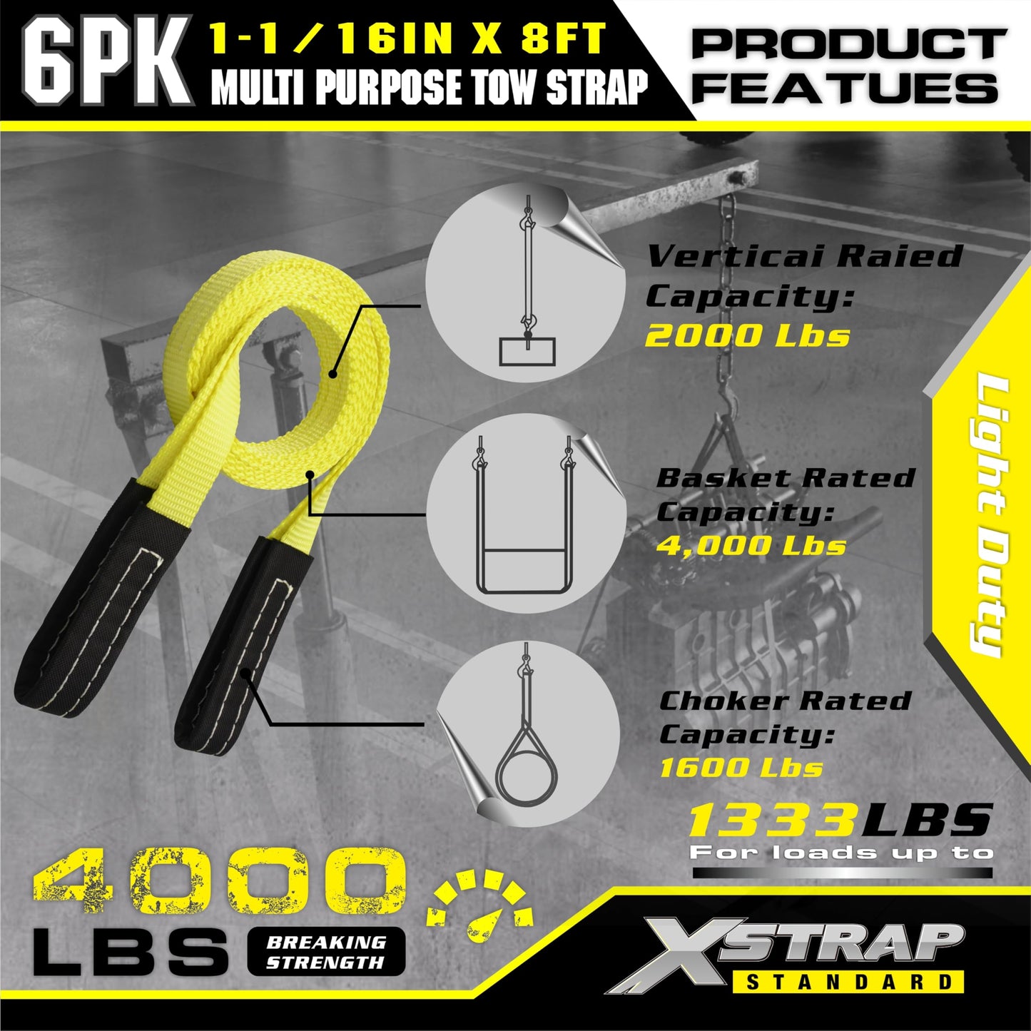 XSTRAP STANDARD 6PK 1" x8' Lift Sling Web Strap/Wear Guard End, 4,000 lbs Break Strength Lifting Straps with 2 Reinforced Loops for Tree Saver Lifting Furniture Appliances Machine