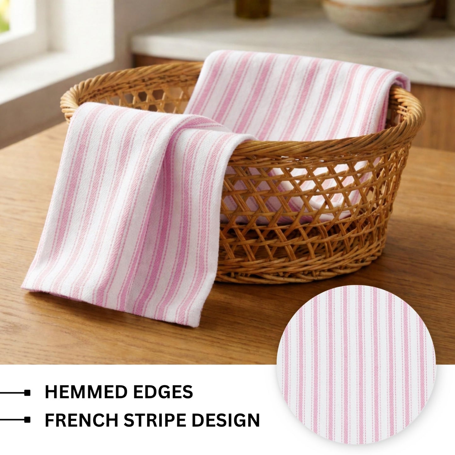 PurpleEssences Stripe Kitchen Towels - Set of 6, 18x28 Inch - 100% Cotton, Absorbent & Reusable Dish Towels with Hanging Loop French-Inspired Style - Spring Easter Summer - Pink