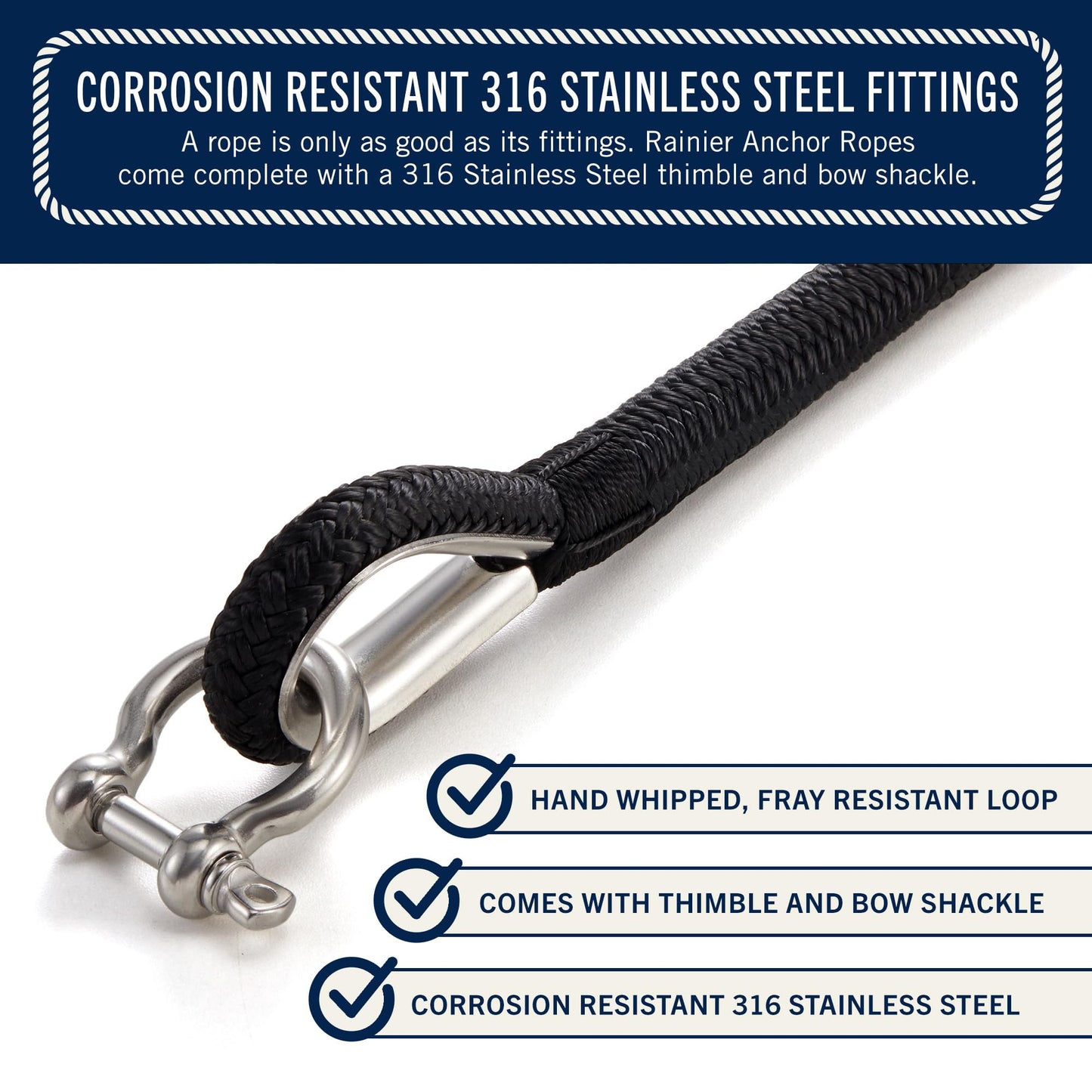 RainierSupplyCo Boat Anchor Rope - Double Braided Marine Rope Anchor Line - 150 ft x 3/8 Inch Nylon Boating Line with 316 Stainless Steel Thimble and Heavy Duty Marine Grade Bow Shackle - Black