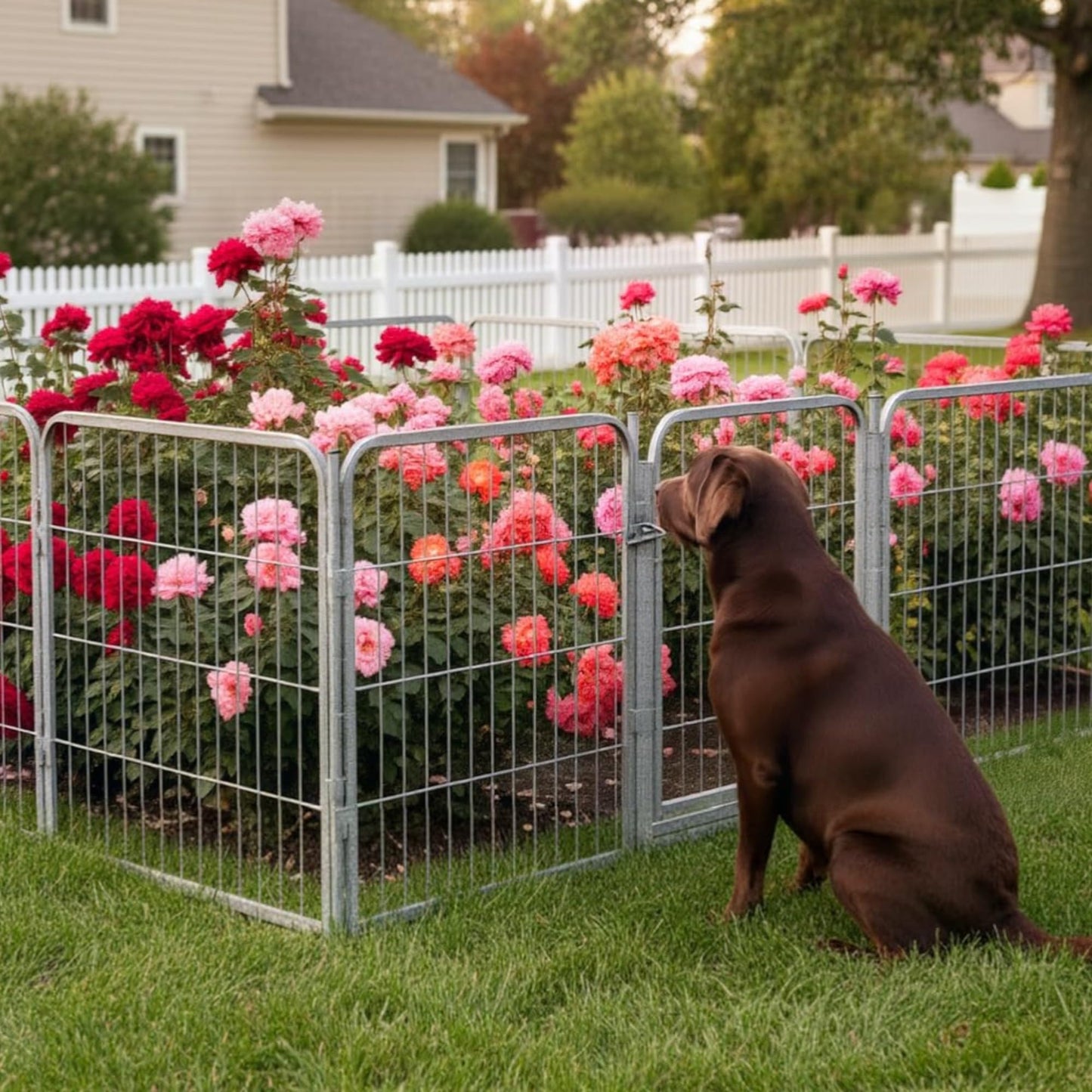 Kozy Kennels Decorative Outdoor Garden Fence - 40in, 8 Panels - Grey Heavy Duty Metal Fencing w/Anti-Rust Coating & Extra Wide Gate for Yard, Flower Bed Border, Dog & Animal Barrier