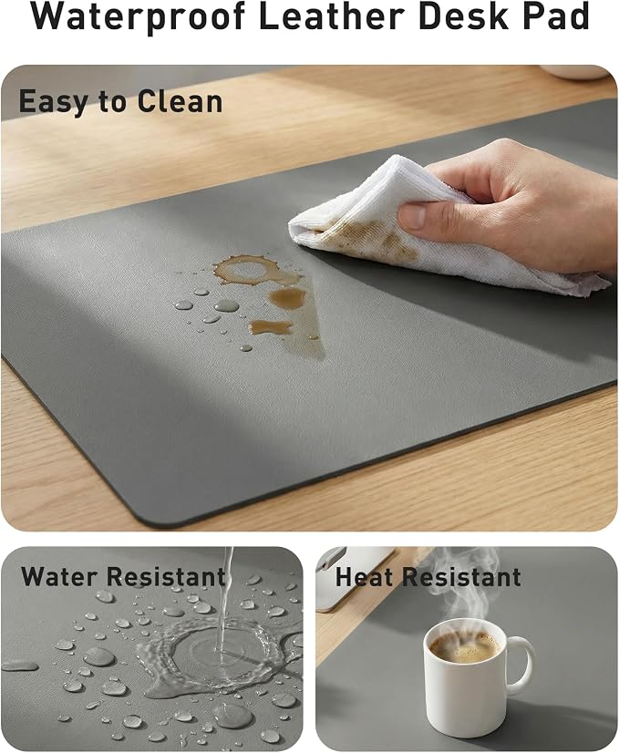 Aothia Faux Leather Desk Mat - Large Mouse Pad, Non-Slip PU Leather Blotter, Waterproof Writing Surface for Office and Home (Grey, 63" x 17")