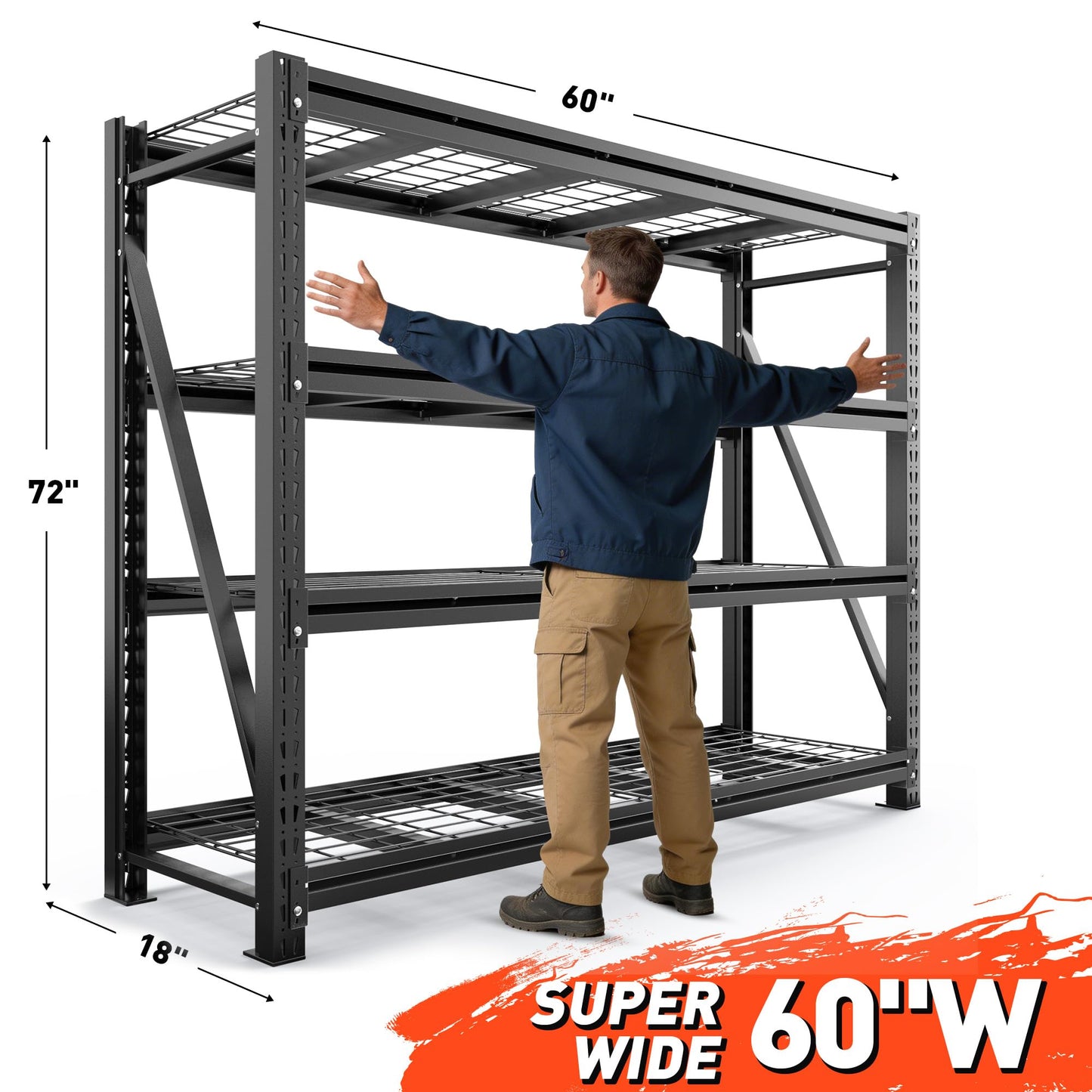 Romorgniz 5000LBS Heavy Duty Garage Shelving, 60" W Storage Shelves with Wire Deck, Rust/Water Resistant, 4 Tier Adjustable Industrial Shelving for Warehouse Basement, 18" D Deep x 72" H, Black