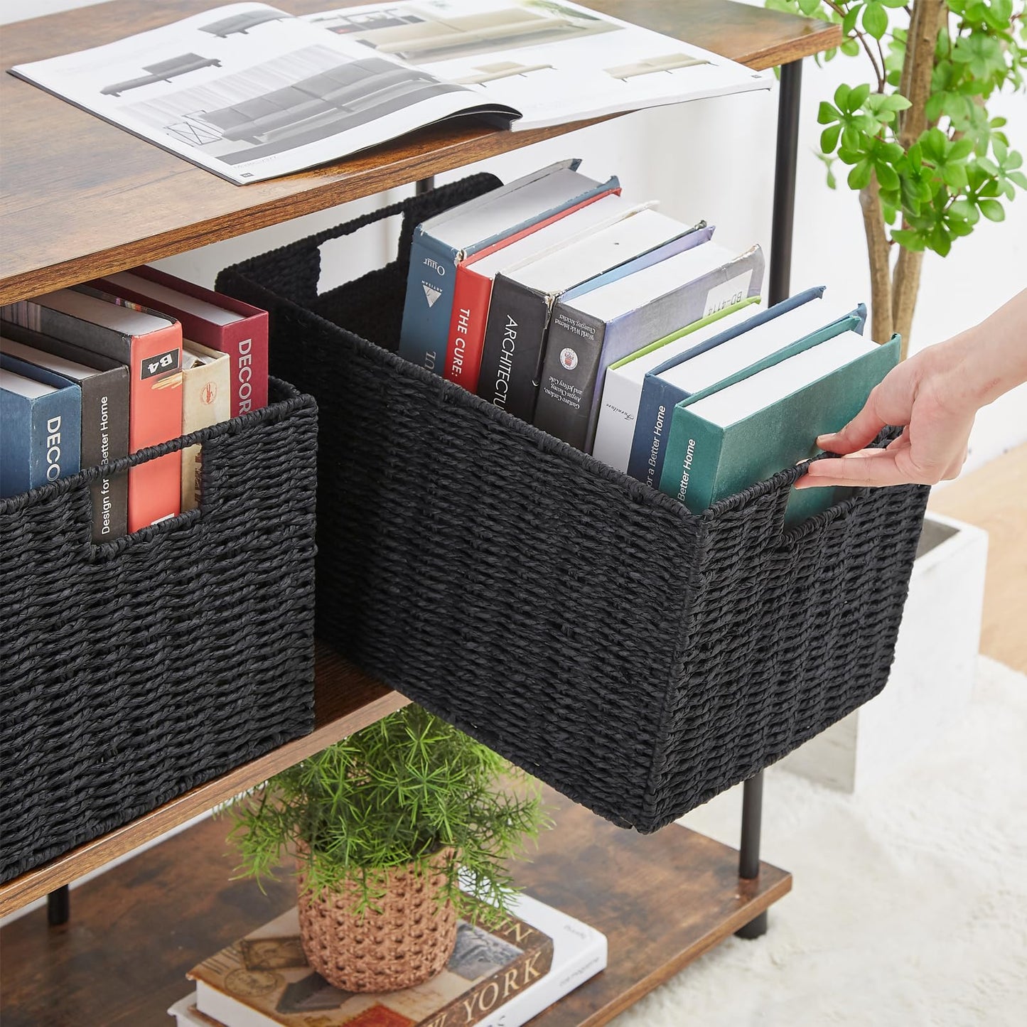 Vagusicc Wicker Storage Basket, Set of 2 Hand-Woven Paper Rope Wicker Basket, Small Storage Baskets for Organizing Toilet Paper Baskets, Foldable Large Cube Storage Organizer Bin for Shelves (Black)
