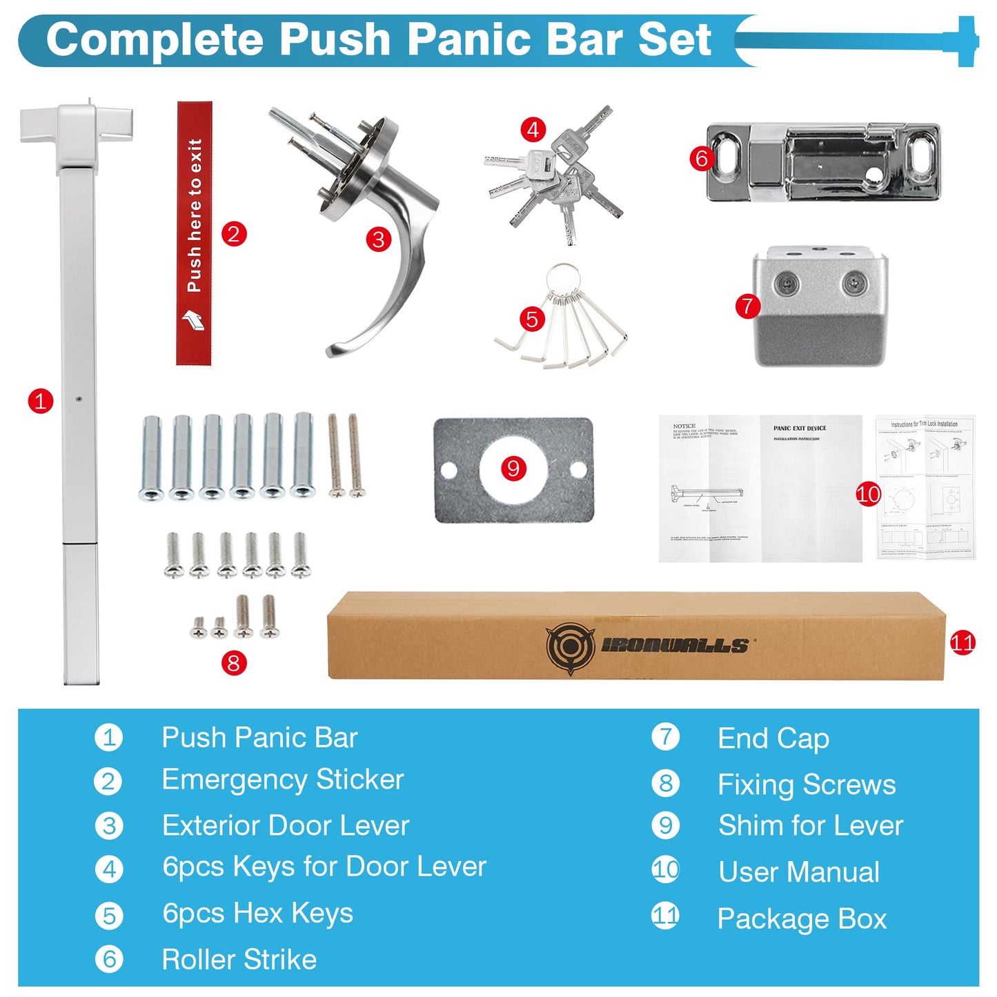 IRONWALLS Panic Bars for Exit Doors 32 Inch, Silver Commercial Push Bar Panic Exit Device Stainless Steel with Exterior Door Lever Handle, Emergency Exit Panic Door Hardware for 32”-47” Doors