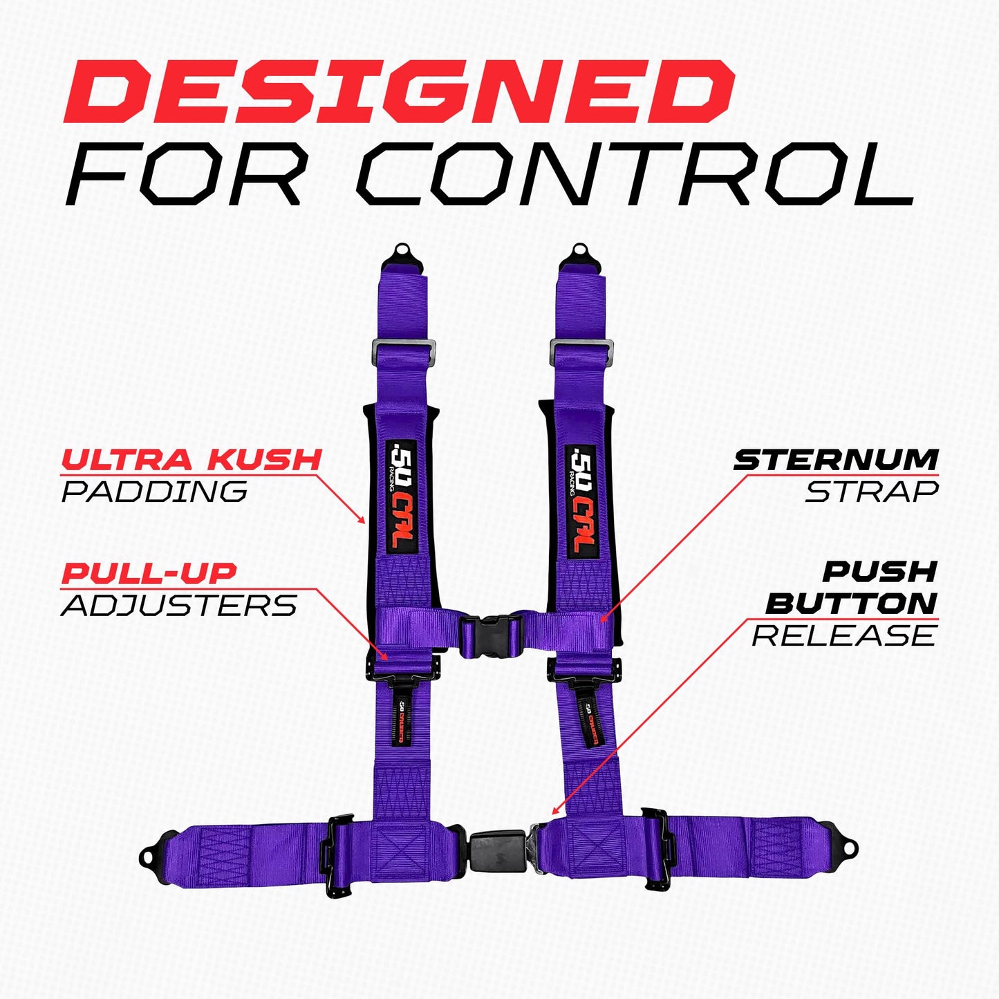 50 Caliber Racing 1pc 2" Purple 4 Point Harness, Racing Harness 4 point with Push Button Release, UTVs, Race Cars and Trucks [6036]