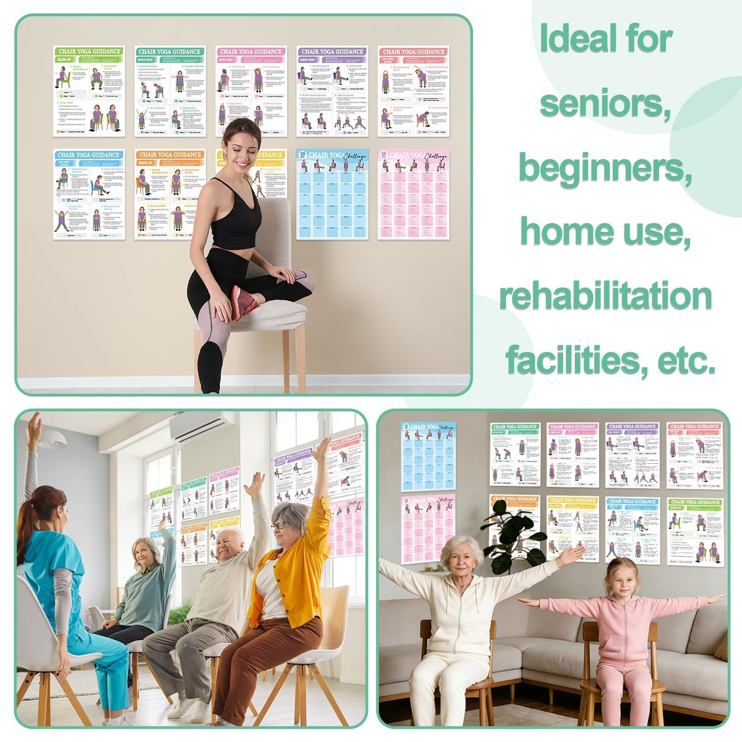 10Pcs Chair Yoga Poster for Seniors Beginners-Set of 8 Illustrated Guides & 2 30-Day Challenges Stretching and Gentle Chair Yoga Chart Wall Art For Balance Flexibility Weight Loss(11 x 8.7 Inch）