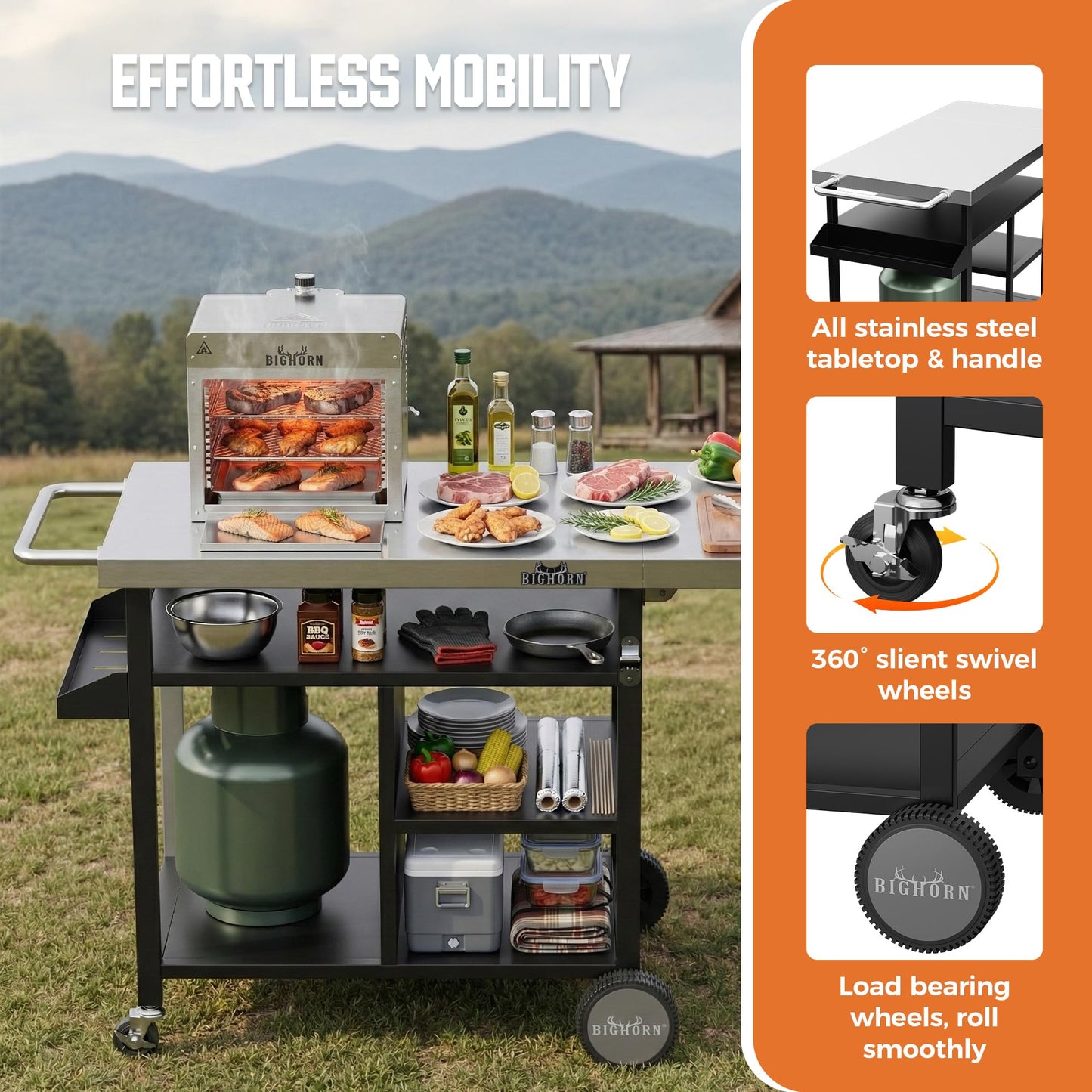 BIG HORN OUTDOORS Grill Cart, Stainless Steel Outdoor Grill Table for Infrared Grill, Pizza Oven Stand Compatible with Big Horn, Ninja, Ooni Pizza Ovens, Outdoor Cooking Table with Wheels & Storage