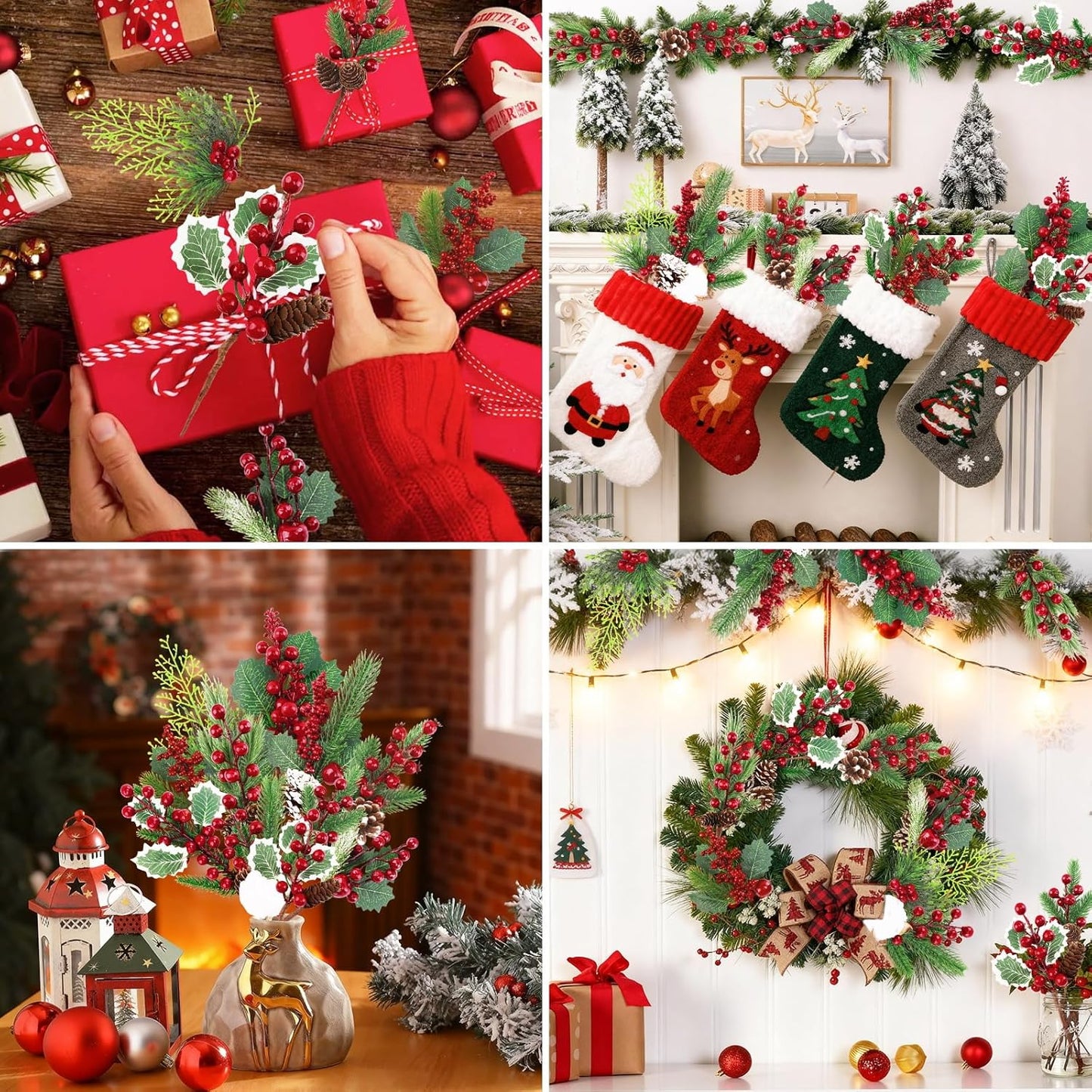 Pinecones Red Berry Picks - 12 Pcs Christmas Floral Stems for Wreaths & Tree Decor