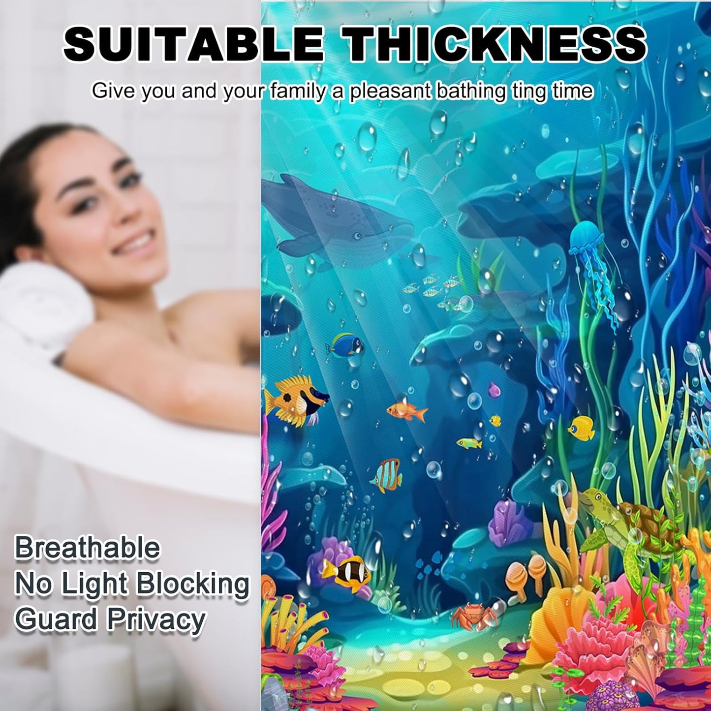 Skiennix 4-Piece Ocean Shower Curtain Set - Tropical Underwater Kids Decor with Non-Slip Bath Rugs & Toilet Lid Cover